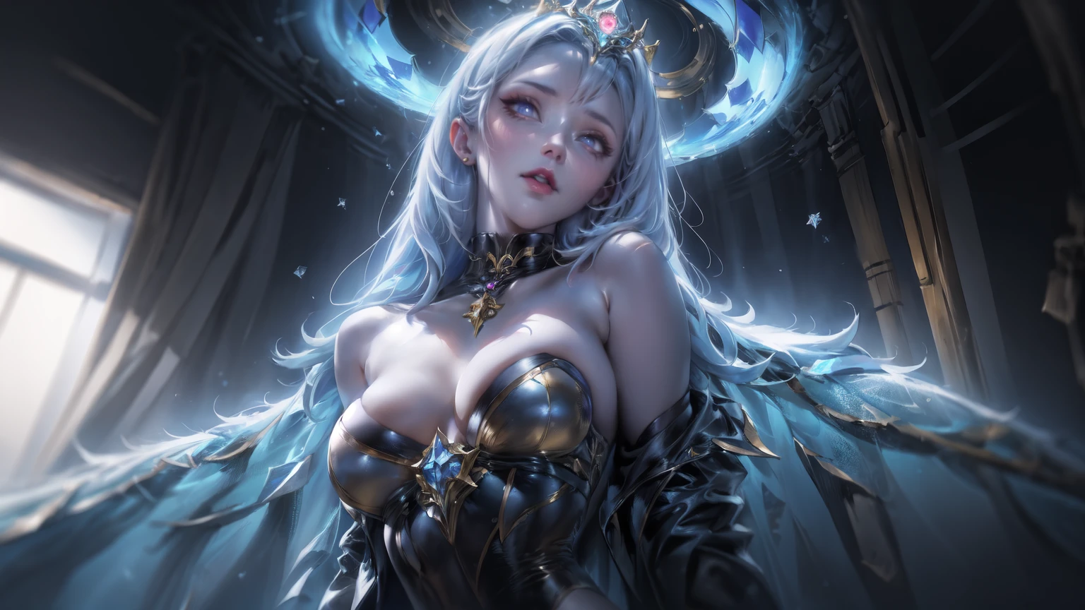 ,Ethereal Background,Mysterious atmosphere,RAW photos,16K,drama灯光,Colorful,high quality,Precise focus,4D Cinema,drama,Surreal illustration,Super detailed,absurd,Complex Mode, atmosphere,Ultra-high resolution,(Breasts naturally droop outwards),(Large Breasts),(Showing shoulders and thighs),A woman,(solo:1.5),Ice Palace,Ice Queen