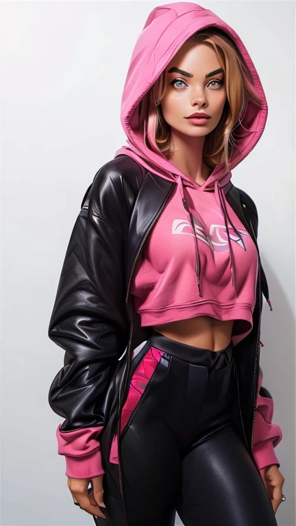 {(Margot Robbie legging preto de couro, pink fleece hooded sweatshirt, sensual)corpo perfeito, cintura fina, coxas musculosas, quadril largo, coxas largas}.