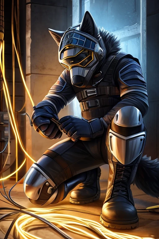 Capture an 18-year-old gray wolf wearing appropriate clothing for electrical work (casco, guantes, botines, lentes de proteccion, y pantalon)
