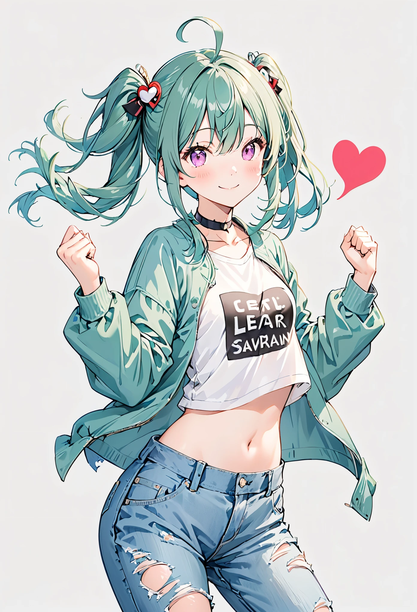 1girl,solo,pants,jacket,denim,navel,ahoge,smile,jeans,midriff,torn pants,twintails,crop top,purple eyes,looking at viewer,torn jeans,green jacket,aqua hair,shirt,open jacket,torn clothes,virtual youtuber,long sleeves,open clothes,white background,white shirt,simple background,clothes writing,closed mouth,cropped jacket,aqua jacket,cowboy shot,cropped shirt,blush,choker,hair ornament,heart,collar,hair between eyes,green hair,hands up,medium hair,print shirt,black choker,long hair,sidelocks,blue pants,stomach,grey background,standing,clenched hands,small breasts,pink eyes,breasts,