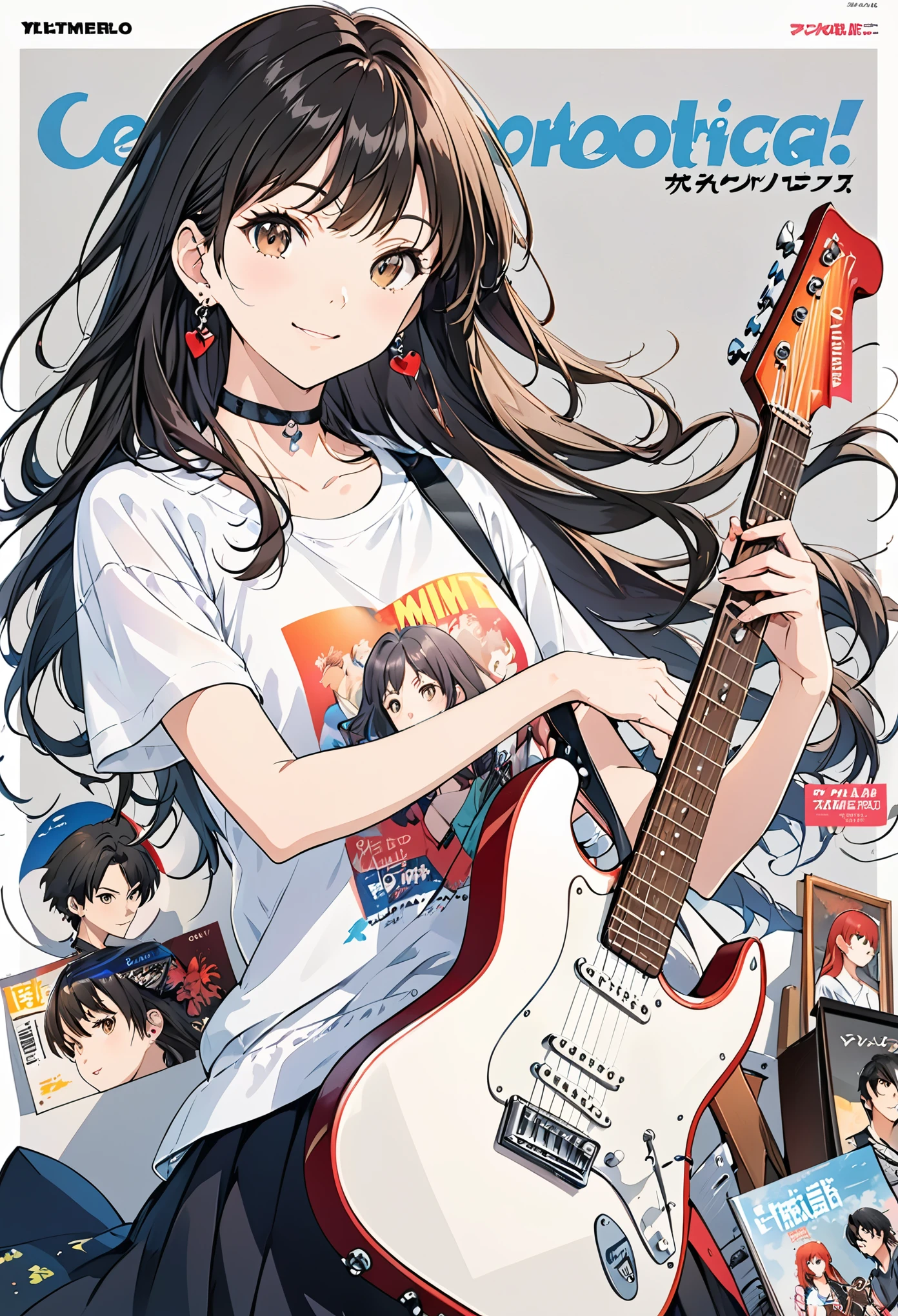 anime artwork magazine cover,magazine cover illustration,magazine cover illustration,1girl,guitar,instrument,reference inset,black hair,shirt,solo,jewelry,white shirt,electric guitar,holding,t-shirt,photo inset,simple background,ring,looking at viewer,choker,earrings,holding instrument,print shirt,short sleeves,long hair,grey background,white background,smile,black choker,brown eyes,. anime style, key visual, vibrant, studio anime,  highly detailed