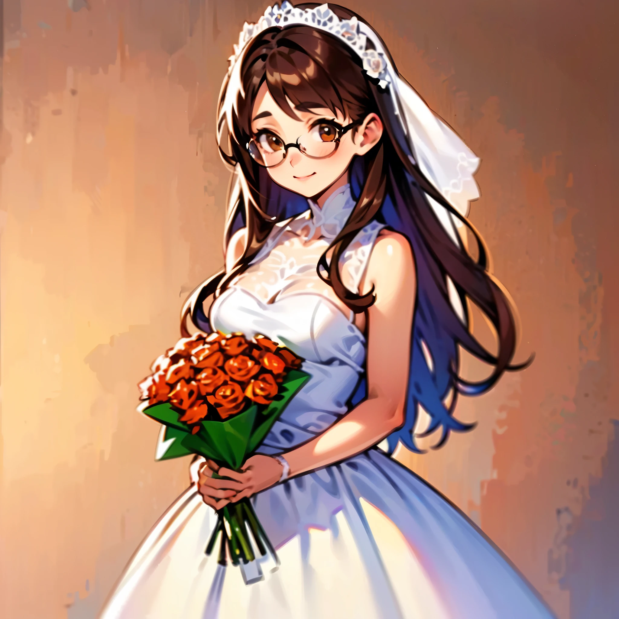 1girl, brown hair, brown eyes, medium breast, wide hips, glasses, white wedding dress, teary eyes, cute smile, blush, , ((holding a bouquet of roses)), ((solo)), ((best quality)), ((masterpiece)), portrait, looking at the camera, front view, simple background, ((detailed)), ((perfect anatomy)), ((detailed art)), ((high definition)), ((4k)), ((high resolution))