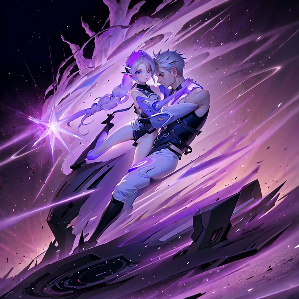 highest quality、Masterpiece、Official Art、16K、The best composition、The best light source、Super detailed、super beautiful、Super detailedな目、A futuristic couple riding a motorcycle, the girl is sitting behind the boy and hugging him from behind with her arms around his stomach、The bike is futuristic and purple neon、Boys have gray hair、The picture frame is a fractal art of wisteria trellis and the purple LED joint lighting creates a fantastic effect、