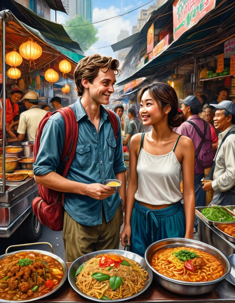 (Best quality at best,4K,8K,A high resolution,tmasterpiece:1.2),ultra - detailed,(actual,photoactual,photo-actual:1.37, A street photography picture of Peter Parker the wandering backpacker Traveller, with mirrorless camera hanging on his neck, talking with a beautiful Mie Goreng seller woman at her exotic food stall, with an intricate detail of bustling street food market background, professional photorealistic color pencil illustration, highly influenced with Don Lawrence style, octane render, sharp and crisp picture, masterpiece