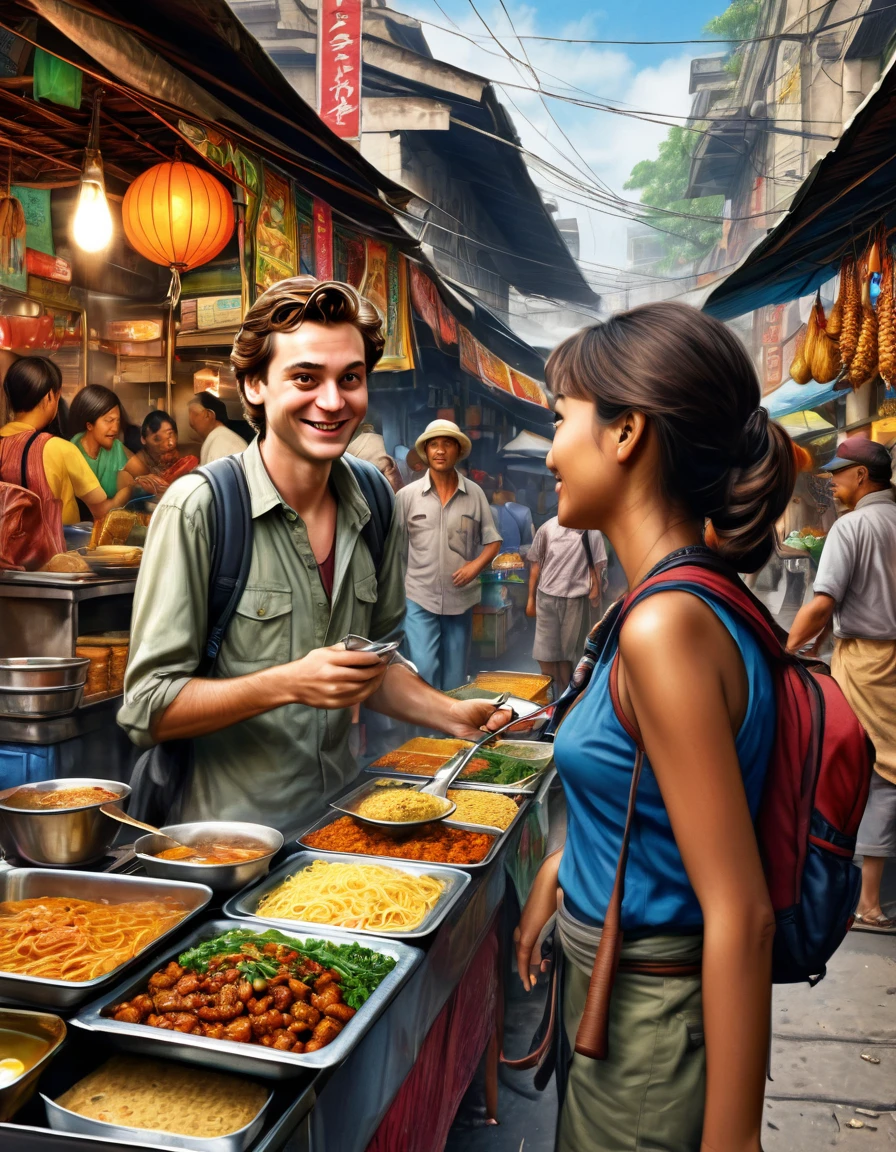 (Best quality at best,4K,8K,A high resolution,tmasterpiece:1.2),ultra - detailed,(actual,photoactual,photo-actual:1.37, A street photography picture of Peter Parker the wandering backpacker Traveller, with mirrorless camera hanging on his neck, talking with a beautiful Mie Goreng seller woman at her exotic food stall, with an intricate detail of bustling street food market background, professional photorealistic color pencil illustration, highly influenced with Don Lawrence style, octane render, sharp and crisp picture, masterpiece