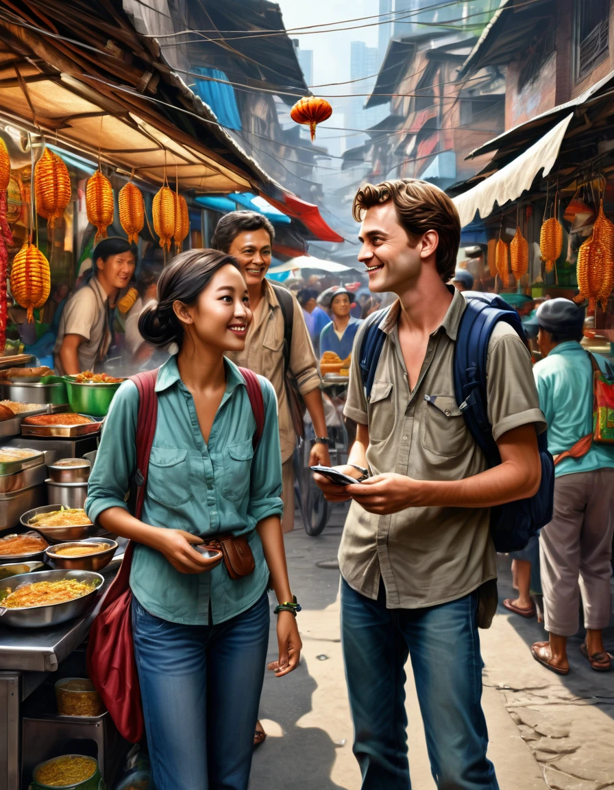 (Best quality at best,4K,8K,A high resolution,tmasterpiece:1.2),ultra - detailed,(actual,photoactual,photo-actual:1.37, A street photography picture of Peter Parker the wandering backpacker Traveller, with mirrorless camera hanging on his neck, talking with a beautiful Mie Goreng seller woman at her exotic food stall, with an intricate detail of bustling street food market background, professional photorealistic color pencil illustration, highly influenced with Don Lawrence style, octane render, sharp and crisp picture, masterpiece