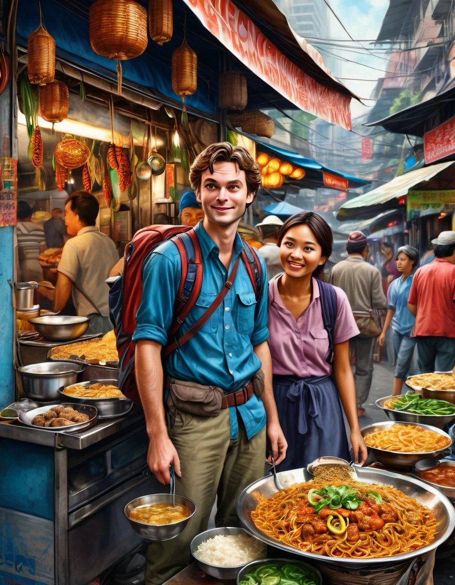 (Best quality at best,4K,8K,A high resolution,tmasterpiece:1.2),ultra - detailed,(actual,photoactual,photo-actual:1.37, A street photography picture of Peter Parker the wandering backpacker Traveller, with mirrorless camera hanging on his neck, talking with a beautiful Mie Goreng seller woman at her exotic food stall, with an intricate detail of bustling street food market background, professional photorealistic color pencil illustration, highly influenced with Don Lawrence style, octane render, sharp and crisp picture, masterpiece