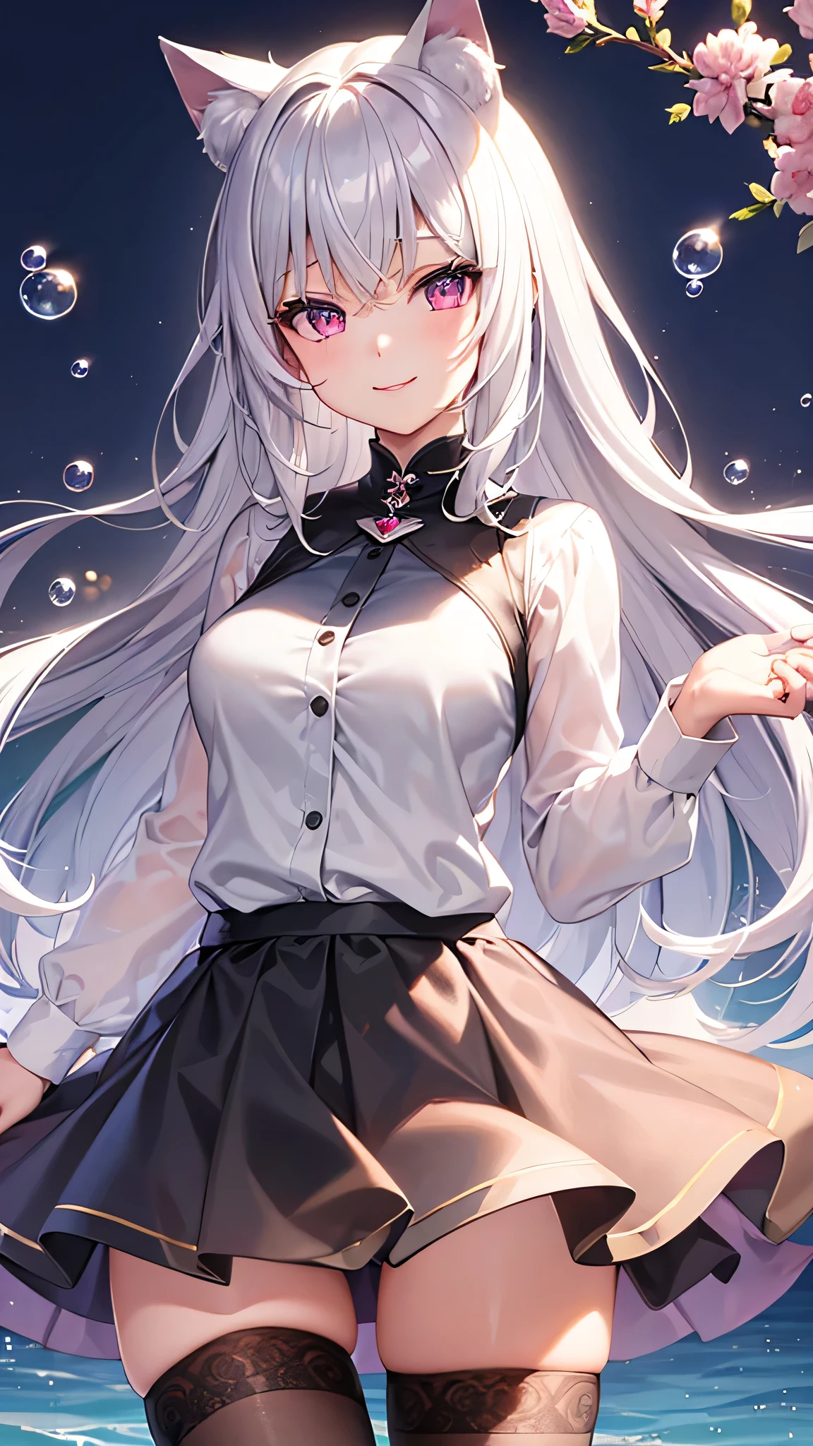 masterpiece,highest quality,Highly detailed face,fine grain,,Waterfront,bubble,Sparkling eyes,Highlighted eyes,Center of chest,pretty girl,smile,Cat ear,Beautiful silver hair,Pink inside,Beautiful pink eyes,Oversized shirt、skirt、black tights
