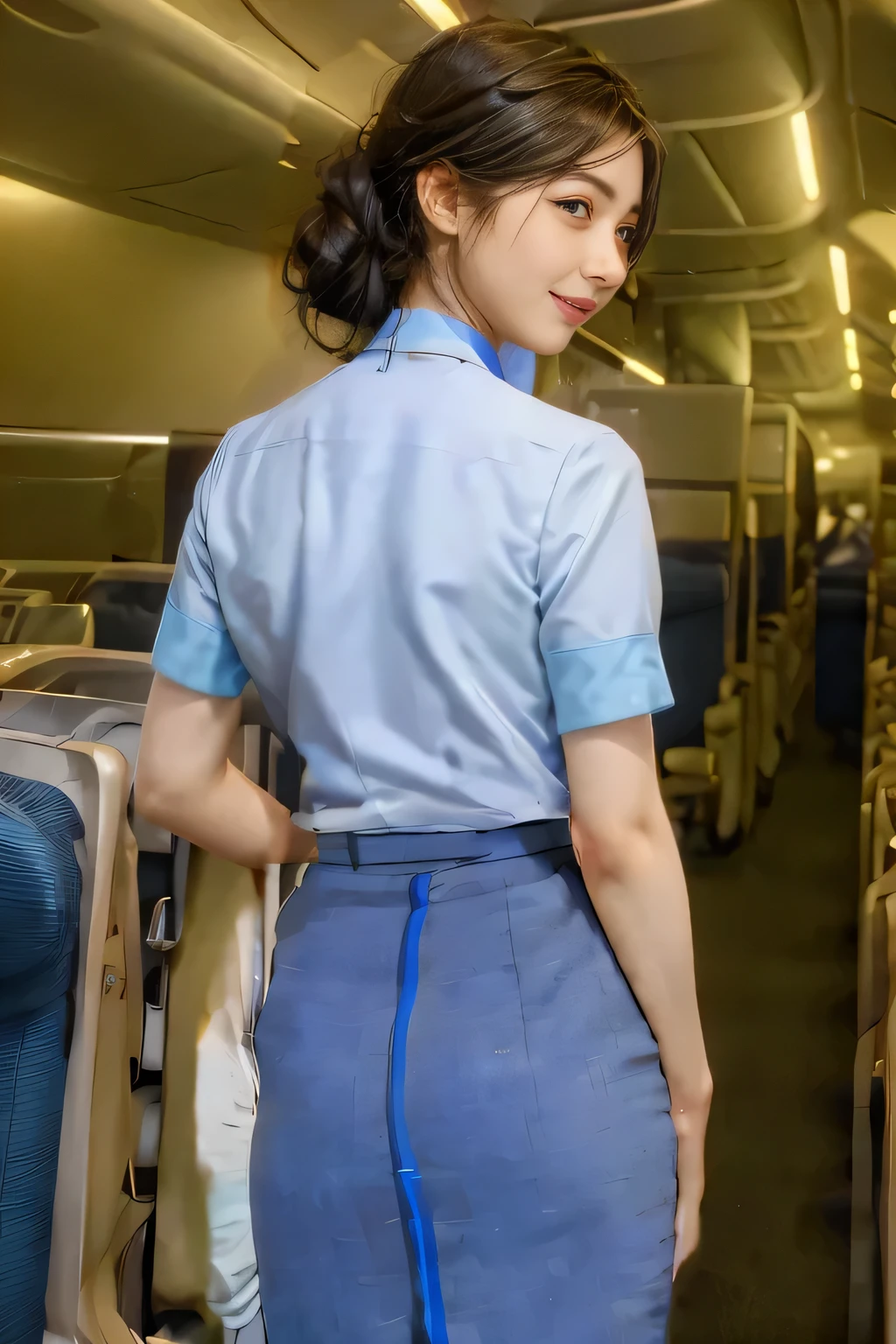 （ANA cabincrew uniform）、（Short sleeve light blue blouse）、（Scarf around the neck）、（Long hair updo、Chignon）、28-year-old Japanese woman、smile