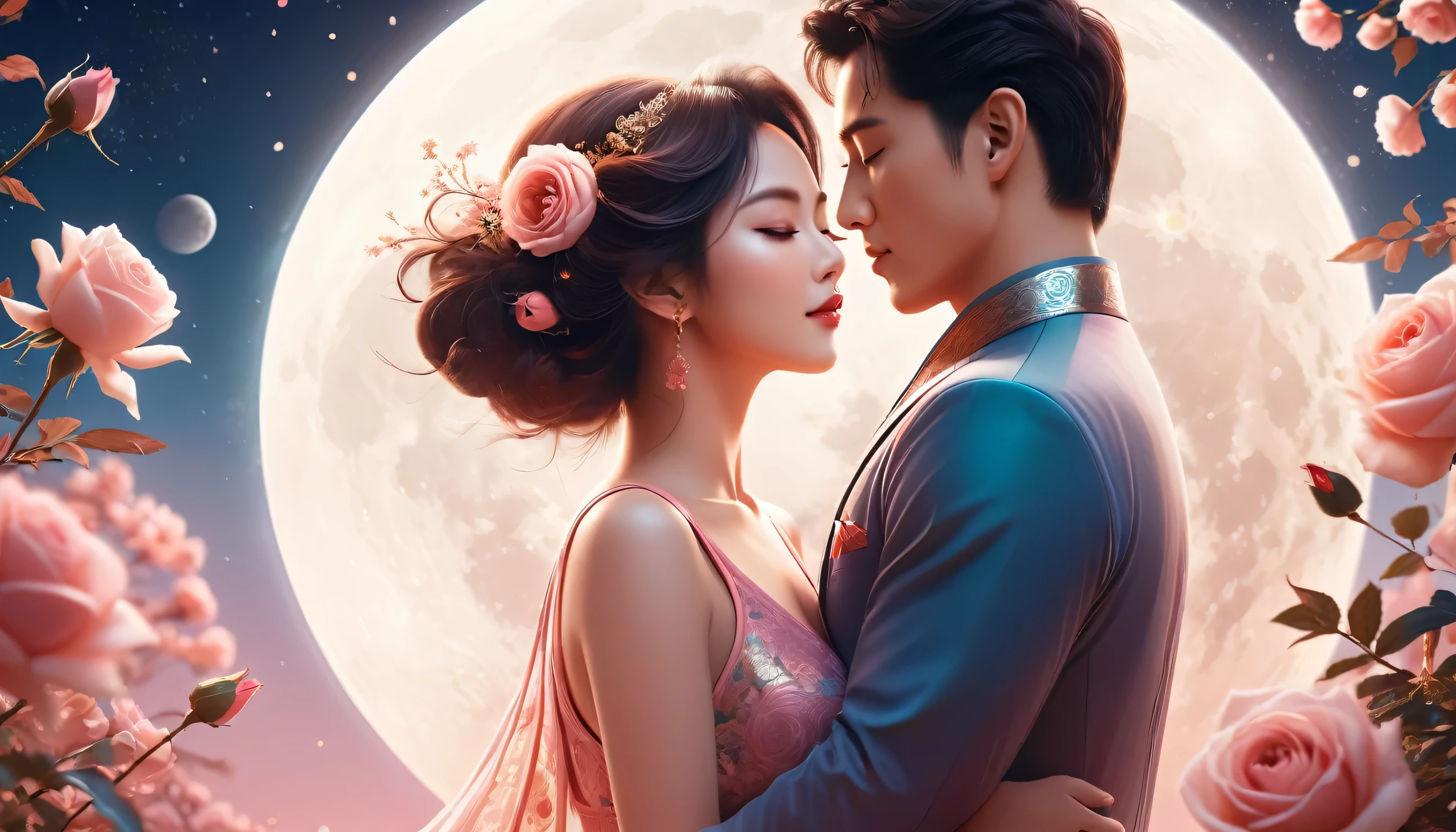 Soft tones,Light style,Comfortable and calm,nature,Warm and cosy,garden,Phonograph Records,poster,poster,Cover Illustration,Features,huge, Eye-catching headline text,1 moon,Romantic couple kissing in the wind,Anatomically correct, Exquisite patterns,Oriental elements, Clean colors,pink rose space, Soft Light,masterpiece, Super detailed, Epic Works, best quality, 8K,