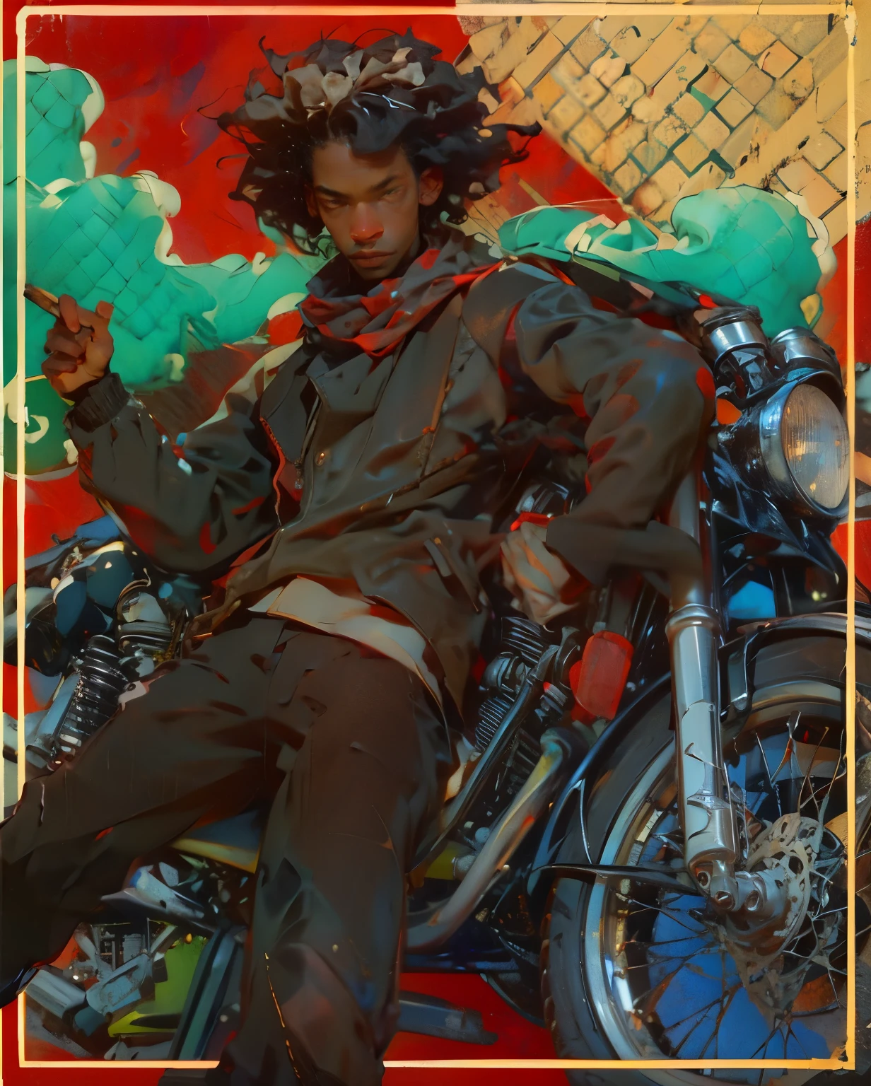 Position: leaning to the right, Perspective: Viewing from below, LEANING ON MOTORCYCLE, (best quality)), ((masterpiece)), (detailed), black man, black locs, leaning on a motorcycle, badass, vibrant, cel shading, red sky, holding a cigarette, blue smoke, contrasting colors, body leaning on motorcycle, alleyway, background alley way, laying on motorcycle, sharp line art, clean lineart