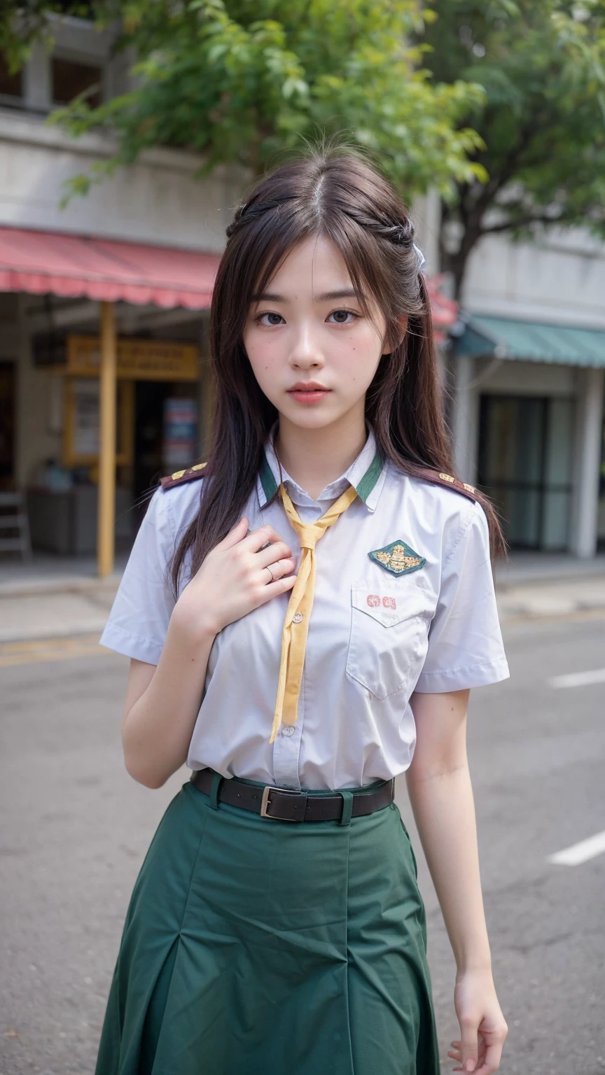 (Best quality, 8k, 32k, Masterpiece, UHD:1.2), (realistic:1.5), (masterpiece, Extremely detailed CG unity 8k wallpaper, best quality, highres:1.2), (ultra detailed, UHD:1.2), hyper sharp focus, Photo of extremely cute and beautiful Korean woman, (Korean idol face:1.3), (mahogany long wavy hair:1.2), adult, (detailed beautiful girl:1.4), best quality, woman, adult,  ((standing pose)), focus on face, looking at viewer, facing the viewer, ((perfect female body)), (narrow waist:1.05), (cowboy shot), slender, abs, face ring light, face light, detailed human body, (sfw:1.4), (happy), ((model body)), topless student girl scout uniform, (thai_girlscout_uniform), ((school location)), no skirt or very short skirt, (cleverage:1.4)