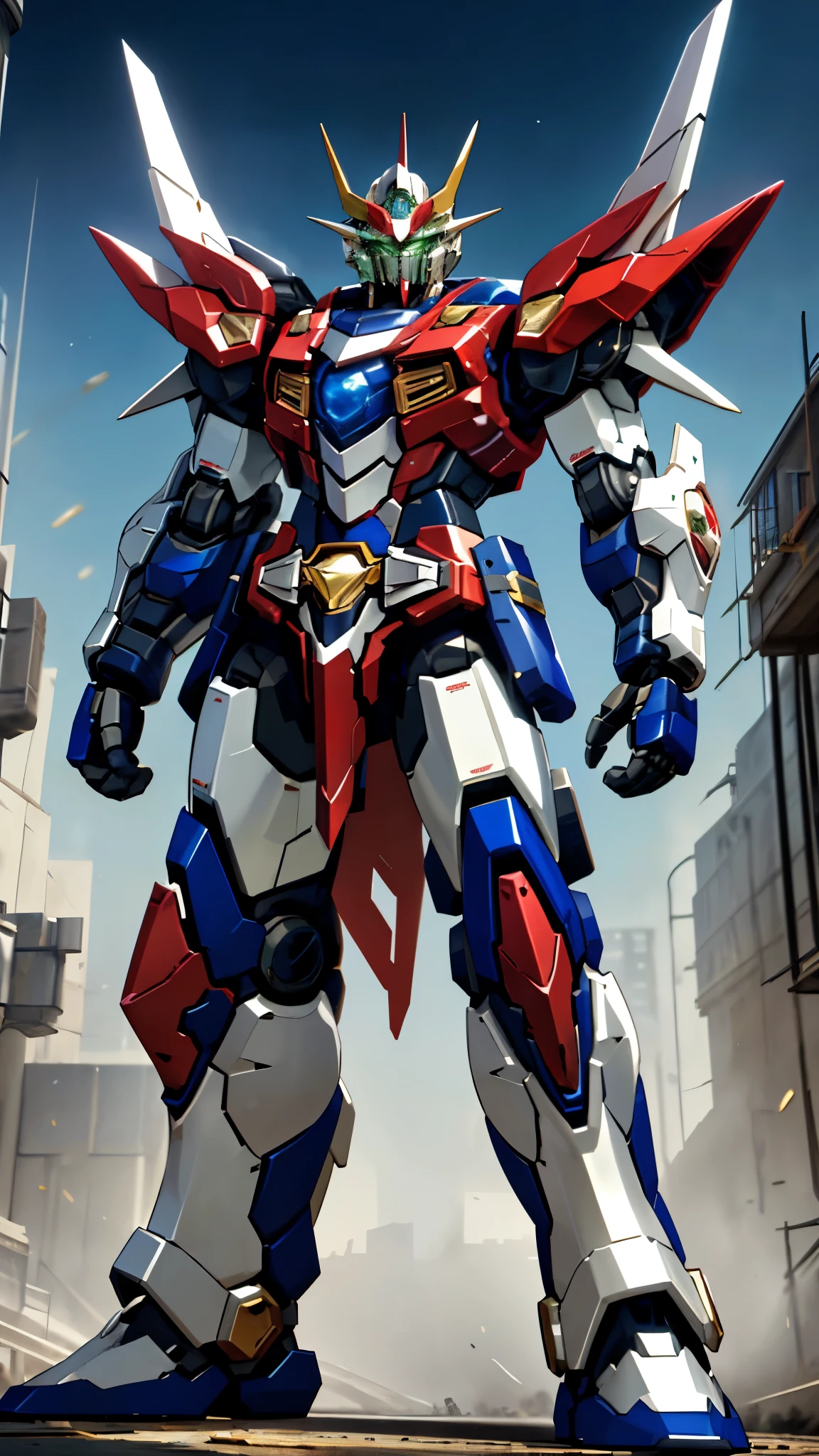 A man wearing a full-face helmet, a fantasy-style biotech armored combat suit, green eyes, (a composite layered chest armor), fully enclosed shoulder guards, matching arm and leg guards, the belt is adorned with Z mark, (the color scheme is primarily white with red and blue accents), the design balances heavy with agility, a high-tech bio-mecha armor, (Armor Concept Inspired by Mazinger Z, stand on the top of a skyscraper in a futuristic sci-fi city), this character embodies a finely crafted fantasy-surreal style armored hero in anime style, exquisite and mature manga art style, (battle damage, element, plasma, energy, the armor glows), ((male:1.5)), metallic, real texture material, dramatic, high definition, best quality, highres, ultra-detailed, ultra-fine painting, extremely delicate, professional, perfect body proportions, golden ratio, anatomically correct, symmetrical face, extremely detailed eyes and face, high quality eyes, creativity, RAW photo, UHD, 32k, Natural light, cinematic lighting, masterpiece-anatomy-perfect, masterpiece:1.5