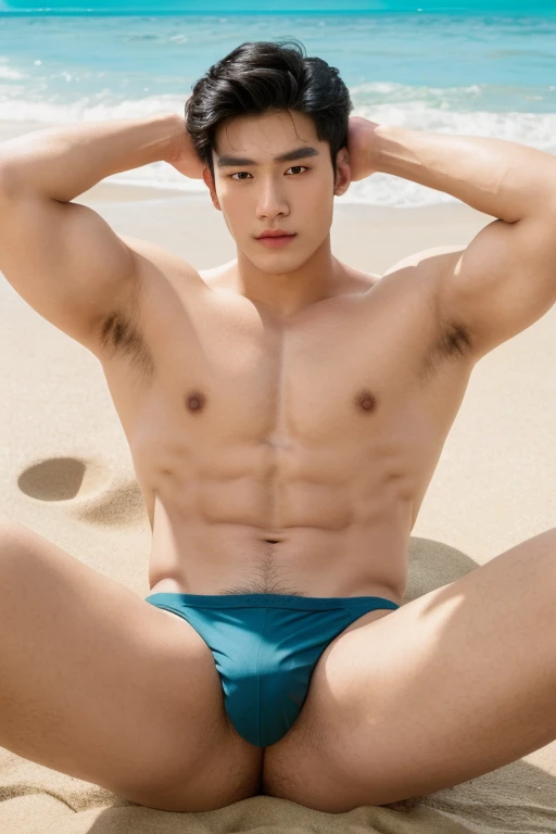 full body shot of an Asian male Model, 18 years old young man with very nice chest, big biceps, perfect face model, with symmetrical facial features, facial hair, attractive facial features, perfect face, flawless face, perfect facial features, clean perfect symmetrical face, richly defined face, clean beautiful symmetrical face, attractive symmetrical face, perfect face and eyes, shirtless, lying down, lifted arms, spread legs, sexy bikini T-back, UHD, 8K resolution, beach background