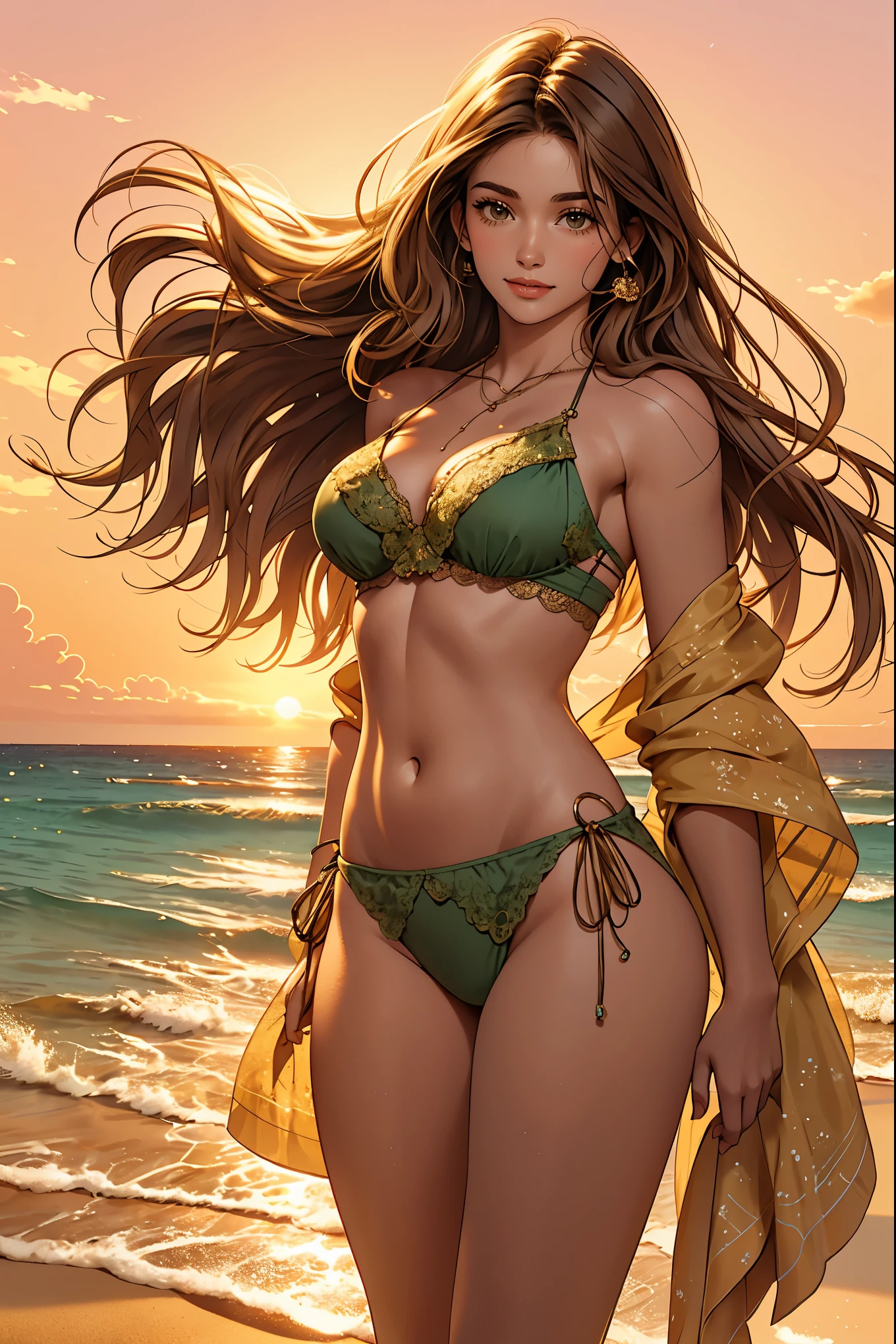 A young woman standing on a sandy beach during sunset. She is wearing a green bikini with intricate lace patterns. Her long, wavy brown hair flows freely, and she has one hand raised to her head. The sun casts a golden hue over the scene, with waves gently crashing on the shore in the background.