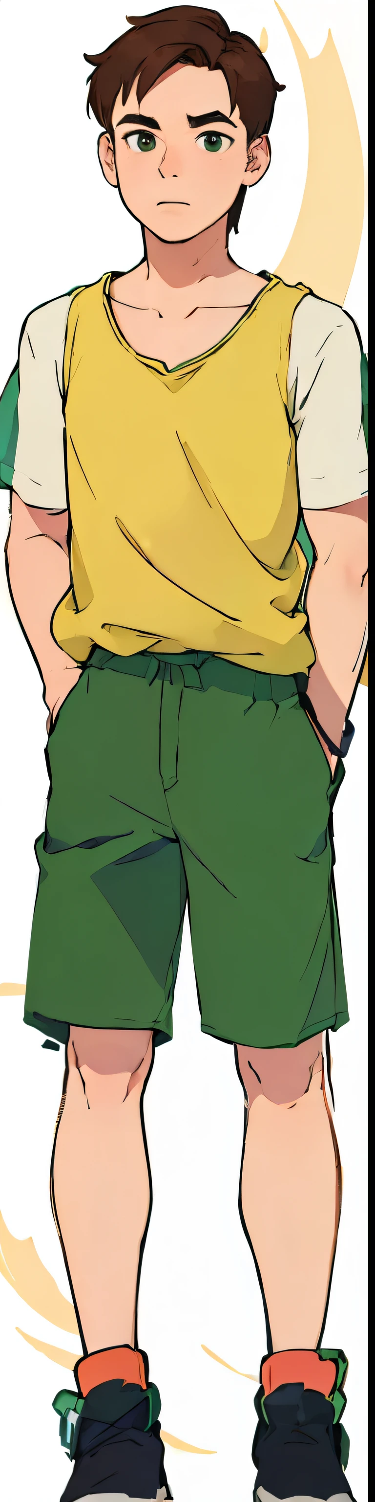 Cartoon illustration of a man wearing shirt and green shorts, Medium shot from waist up, wearing an beach shorts, Full body close-up, Close-up characters, waist shot, green and brown clothes, Close-up half-length photo, Dressed the same, Digital Color, Hands on hips, Wear pants, drawn with photoshop, Drawn image