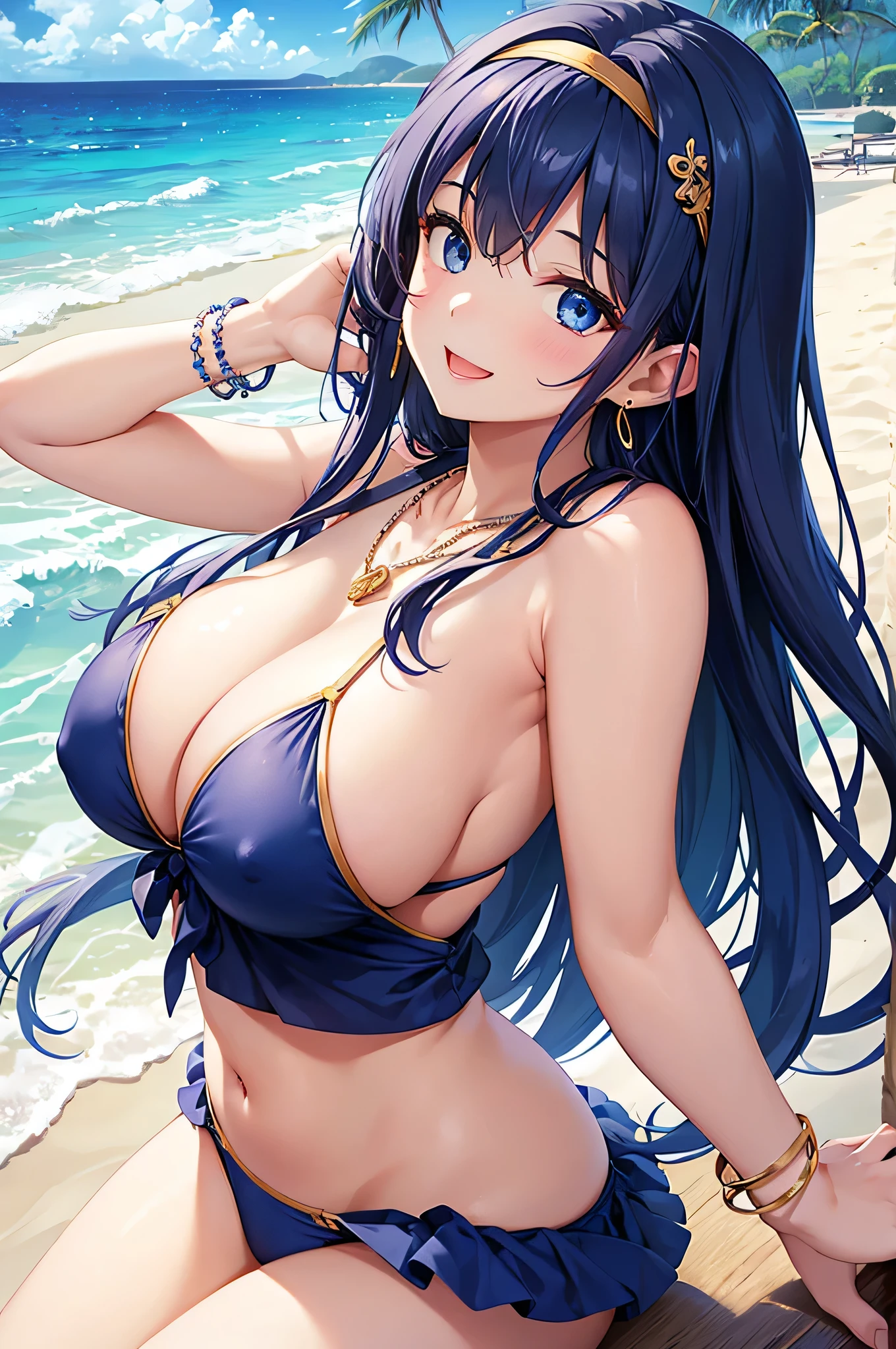 highest quality、Best image quality、masterpiece、beautiful girl、Navy blue long hair、blue eyes、Navy Blue Bikini、Big cleavage、(Big Breasts)、smile、blue necklace、Blue Earrings、background(Beach)、Sexy pose、Please open your mouth wide、White headband、angle(From the side)、bracelet