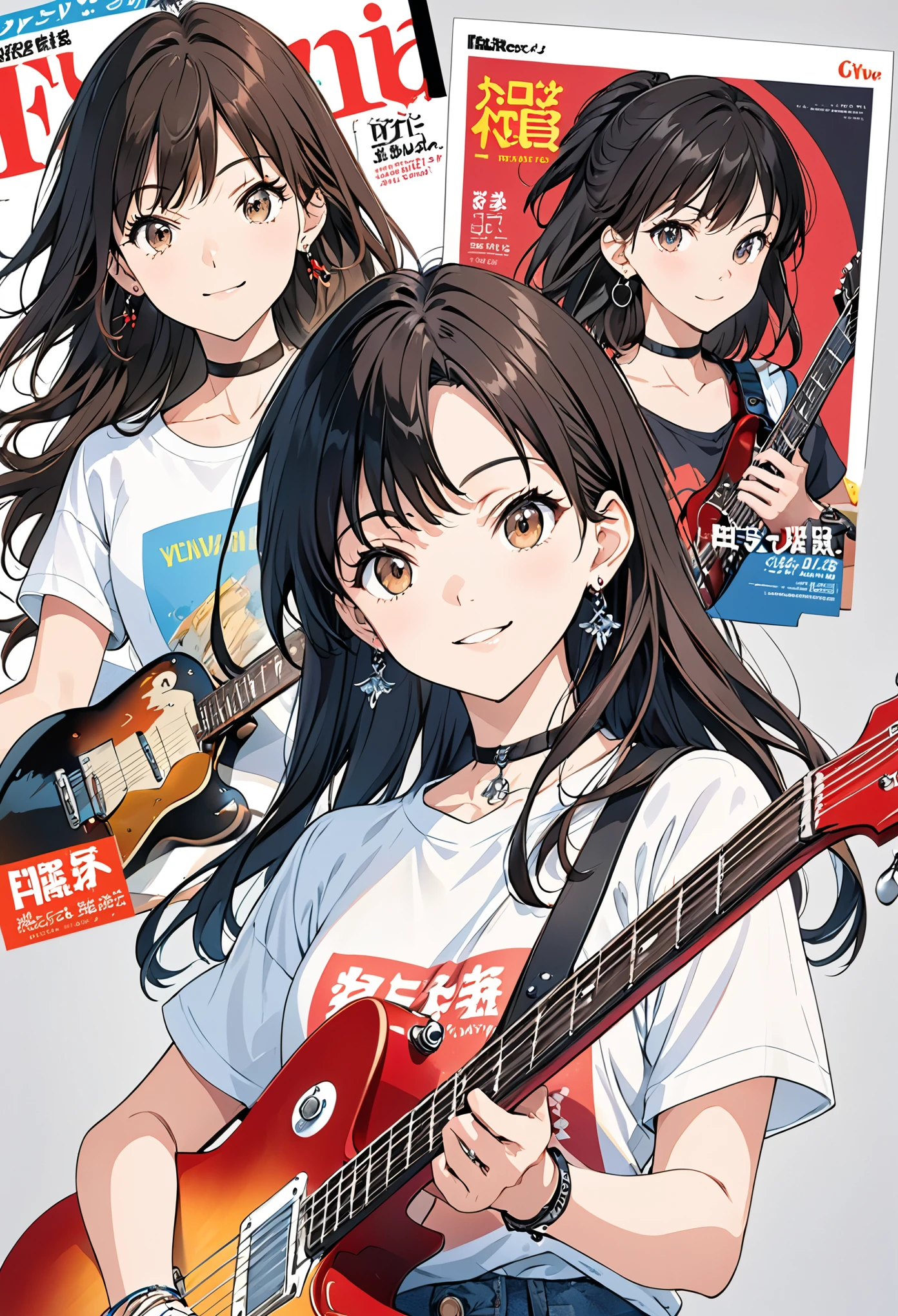anime artwork magazine cover,magazine cover illustration,magazine cover illustration,1girl,guitar,instrument,reference inset,black hair,shirt,solo,jewelry,white shirt,electric guitar,holding,t-shirt,photo inset,simple background,ring,looking at viewer,choker,earrings,holding instrument,print shirt,short sleeves,long hair,grey background,white background,smile,black choker,brown eyes,. anime style, key visual, vibrant, studio anime, highly detailed