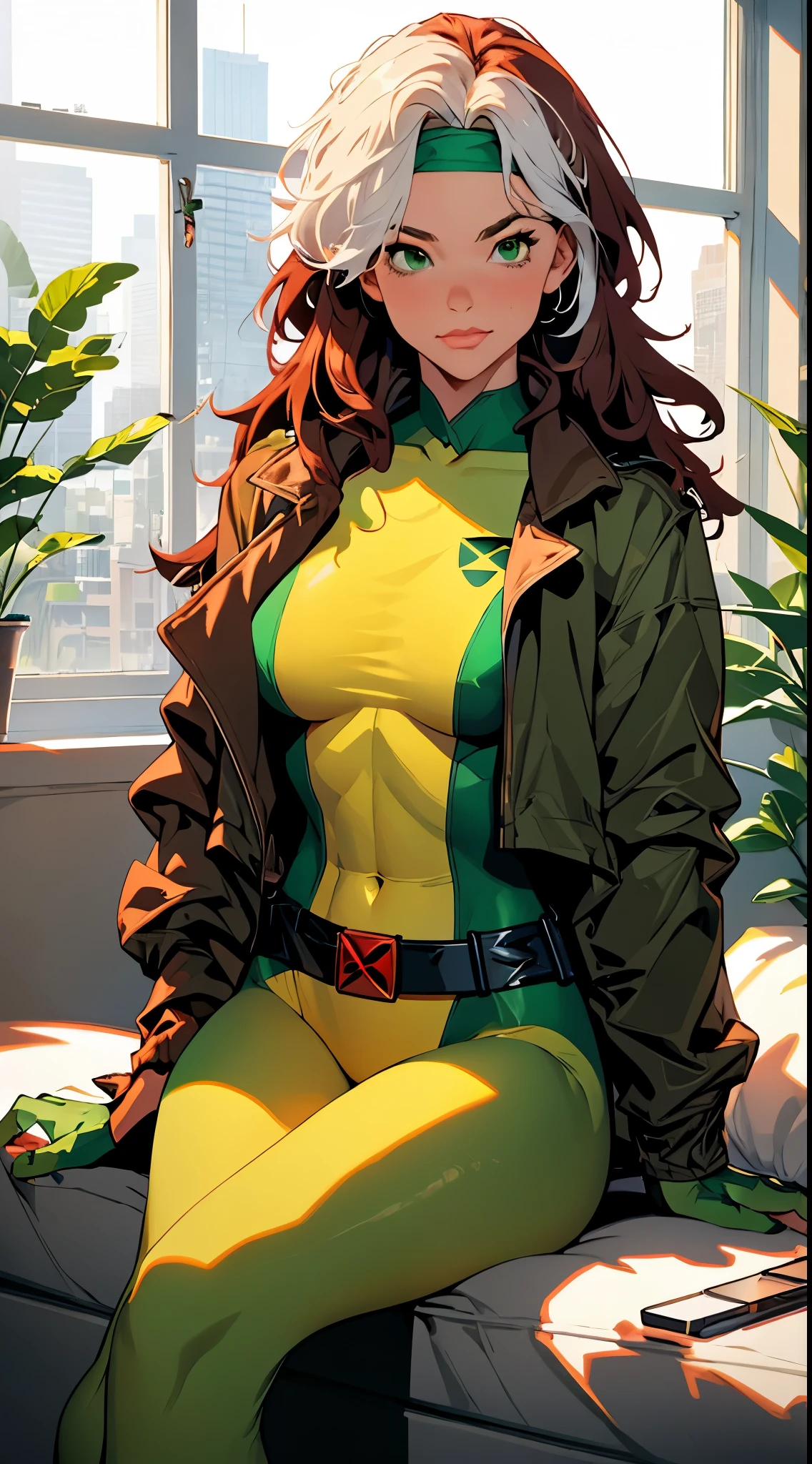 (masterpiece, best quality:1.2), classicrogue, 1girl, solo, long hair, breasts, smile, large breasts, brown hair, green eyes, jacket, big hair, white hair, multicolored hair, parted lips, open clothes, belt, two-tone hair, open jacket, lips, bodysuit, covered navel, makeup, muscular, headband, abs, skin tight, multicolored clothes, muscular female, dyed bangs, multicolored bodysuit, green bodysuit, yellow bodysuit, butterfly, bug, window, sitting, indoors, plant, book, laptop, computer, couch, looking at viewer, closed mouth, blurry, blue butterfly, potted plant, building, expressionless, depth of field, book stack, day