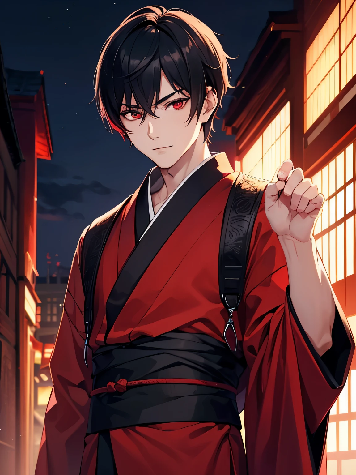 1boy,handsome,Short black hair, red eyes, side parted hairstyle, vampire, handsome, Red kimono, standing, night, close up photo,ultra detail, ulta HD
