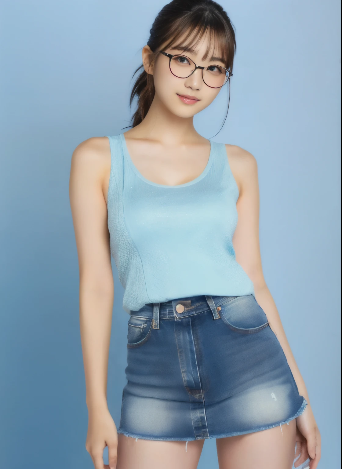 Japanese women, 8k, masterpiece, highest quality, Very detailed, Textured skin, round face、Round Glasses、One girl, alone, Raccoon face,Kasumi Arimura、Sexy pose, Long Ponytail, Low Ponytail, Red frame glasses, Denim skirt, Tank top, Simple Background, Medium Shot,