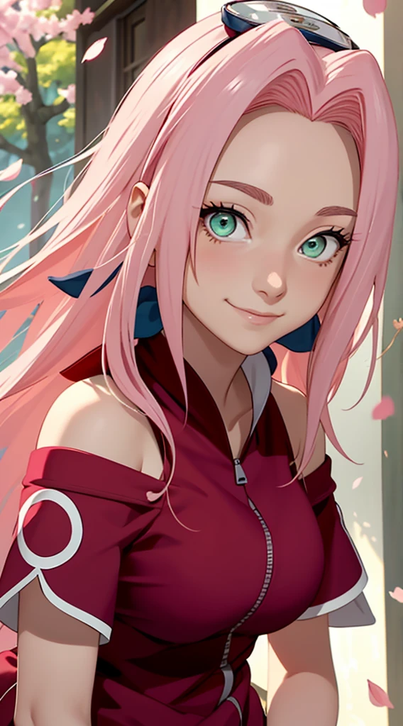 masterpiece， Best quality， 1 Girl， Haruno Sakura， Large Breasts，Off the shoulder dress，（cleveage)，（Upper body close-up)，Sexy highlighted，Very shy，Smile，Pink hair， Long gray hair， （Green Eyeball:1.4)， forehead protection， Cherry tree，Cherry Blossoms Flying，Red clothes，Zipper half