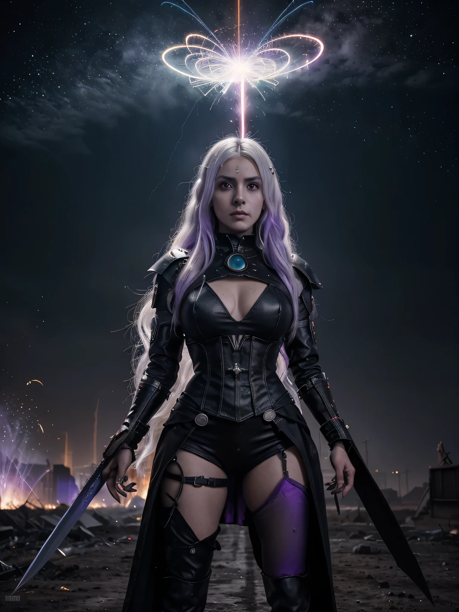((pareja)) ((pareja men and woman)) ((Boy white hair muscular clothes mad max and girl big bright purple eyes anime with sword and lightning on purple and black background., irelia de liga de leyendas, hechicera oscura fullbody pose, hechicera oscura full view, /!\ la hechicera, pose de lanzamiento de hechizos, aura de oscuridad, holy girl necromancer cyborg, anime girl gothic maiden, hechicera oscura, hermoso mago celestial, Chica hermosa pelo violeta fuerte)), ambiente cyberpunk, Imagen con colores extraordinarios brillos y destellos universales, Imagen full 4k con colores espectaculares destellos, luces, iluminacion, detalles hermosos, colorfull, campo electrico circulo de magia purpura destellos deslumbrantes, cielo rojo fuego, meteoros, destruccion, escena epica, lava volcanes humo, firework, campo electromagnetico, lluvia de fuego, piso en llamas, efectos especiales, chispas, fuego, guerra infernal, batalla epica,( relampagos y centellas) Alien wars, avengers, War of the Worlds style, ((Ambiente de Dia))

