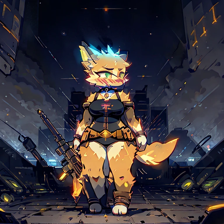 any outfit, any pose, any fur color, any fur pattern, any eye color, and pupil color and shape, ruined and abandoned city, looking at user, any view, any place, full body, massive breasts and hips, undersized outfit, armed or unarmed, doing anything, adult, full face blush, glowing eyes, any weapon, athletic, headphones [any color], ammo belt, night, rooftop or ground, any expression, doing anythings, fluffy tail, massive butt, outfit tearing, rooftops, choker, 3girls, any time of day or night, futuristic, looking at user