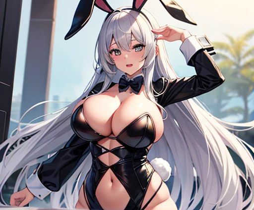 anime hentai big breasts Rabbit Cosplay Silver Hair Sexy Costumes Big rabbit ears Open your mouth