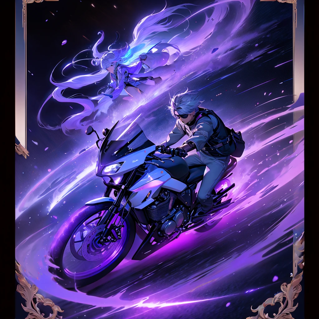 highest quality、Masterpiece、Official Art、16K、The best composition、The best light source、Super detailed、super beautiful、Super detailedな目、Couple of men and women riding a motorcycle of the future. The motorcycle is futuristic and purple neon、Boys have gray hair、The picture frame is a fractal art of wisteria trellis and the purple LED joint lighting creates a fantastic effect、