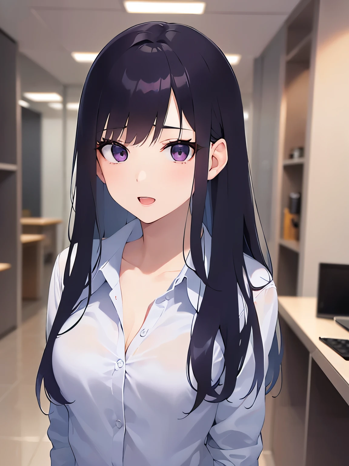 Upper Body, Realistic, real person, (pale skin: 1.2), RAW photo, photorealistic, shiny skin, shiny hair、(A 26-year-old woman with straight hair and bangs) and (medium hair) and (black hair) and (purple eyes) ,(white long shirt:1.5) 、(light smile:1.1)and(open mouth), The background is the company reception desk.、Alone、Are standing