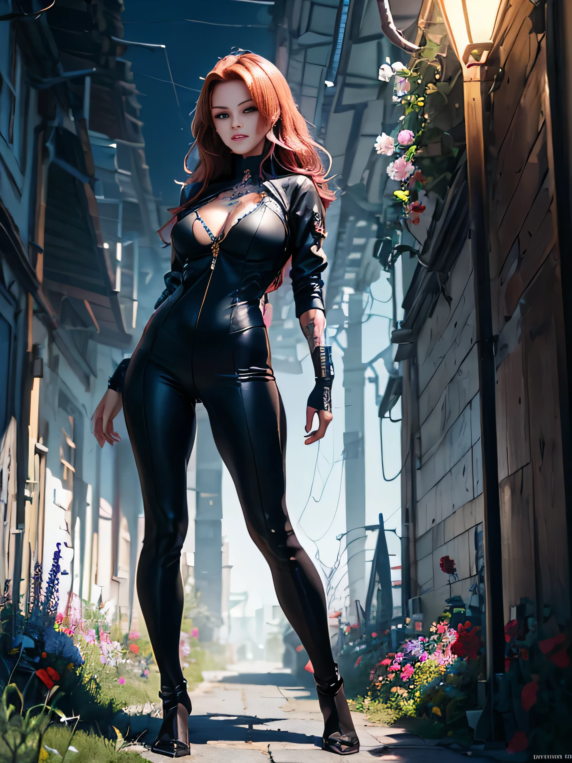 (Best Quality, 8K, Masterpiece, HDR, Soft Lighting, Picture Perfect, Realistic, Vivid), Summer valley covered with flowers, grass and flying elemental lights, Catwoman stands, she has a beautiful face with brown eyes, long windy flaming red hair and tattoos all over her body, arms and legs, she is dressed in some kind of floral outfit, there is a windy aura around her, (ultra high quality fantasy art, dark fantasy style, masterpiece, ultra high quality character design, 8k quality anime art , Realistic Anime Art, Highest Quality Wallpaper Illustration, Detailed Ultra High Quality Accurate Face, High Quality Design and Accurate Physics), Color Difference, Depth of Field, Dramatic Shadows, Ray Tracing, Best Quality, Highly Detailed CG, 8K Wallpapers, [Carefully Rendered hair [Read more about beautiful and shiny hair]] ,(Perfect hand detail [Beautiful fingers without breakage [Beautiful nails]],(Perfect anatomy (Perfect proportions)) [[Resembles the whole body]],[Perfect color combination (Accurate simulation of interaction light and material)], [Visual art that conveys the meaning of history]
