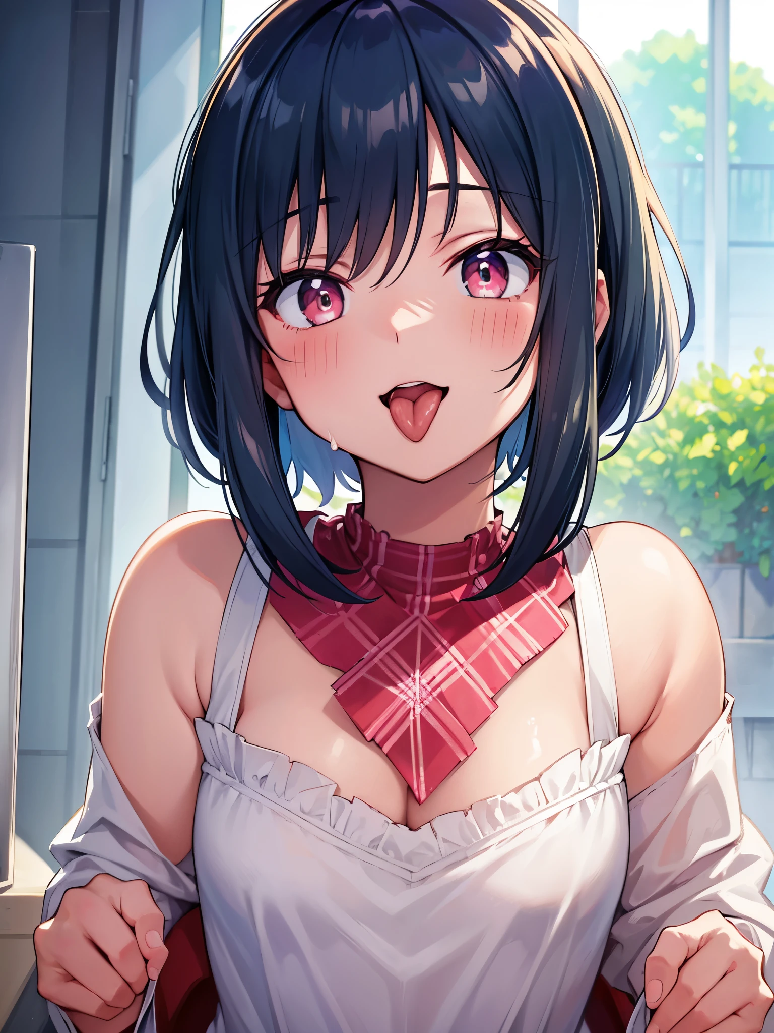 (masterpiece), highest quality, Expressive eyes, Perfect Face, Open your mouth, cum on tongue, Cum in mouth, tongue, tongue out, short hair, blush, smile, Ahegao, Medium chest, short hair, , blush, Sweat