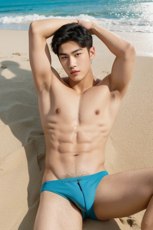 full body shot of an Asian male Model, young man with very nice chest, baby face, big biceps, perfect face model, with symmetrical facial features, attractive facial features, perfect face, flawless face, perfect facial features, clean perfect symmetrical face, richly defined face, clean beautiful symmetrical face, attractive symmetrical face, perfect face and eyes, shirtless, lying down, lifted arms, spread legs, sexy bikini T-back, UHD, 8K resolution, beach background