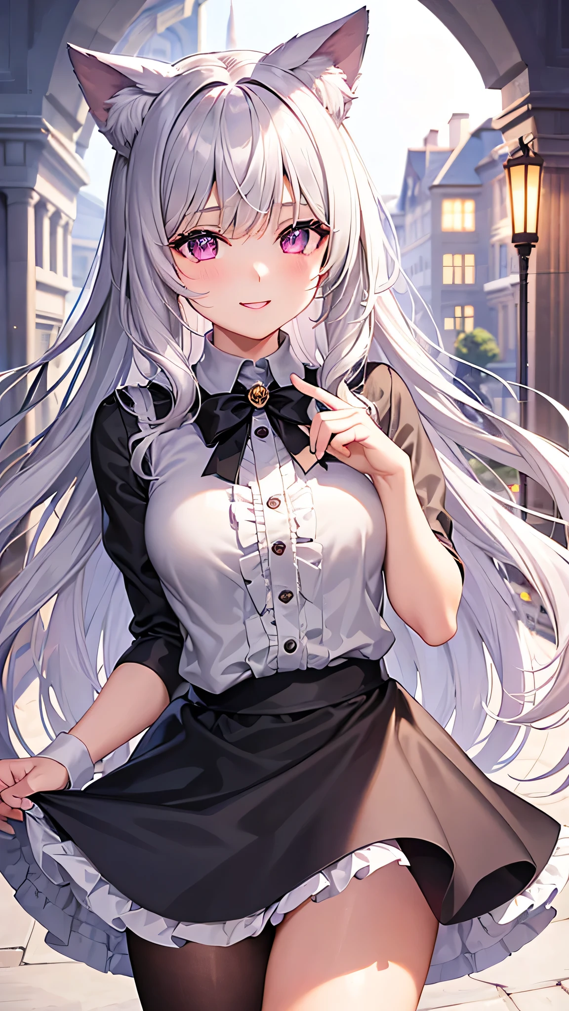 masterpiece,highest quality,Highly detailed face,fine grain,Waterfront,bubble,Sparkling eyes,Highlighted eyes,Center of chest,pretty girl,smile,Cat ear,Beautiful silver hair,Pink inside,Beautiful pink eyes,Oversized shirt、skirt、black tights