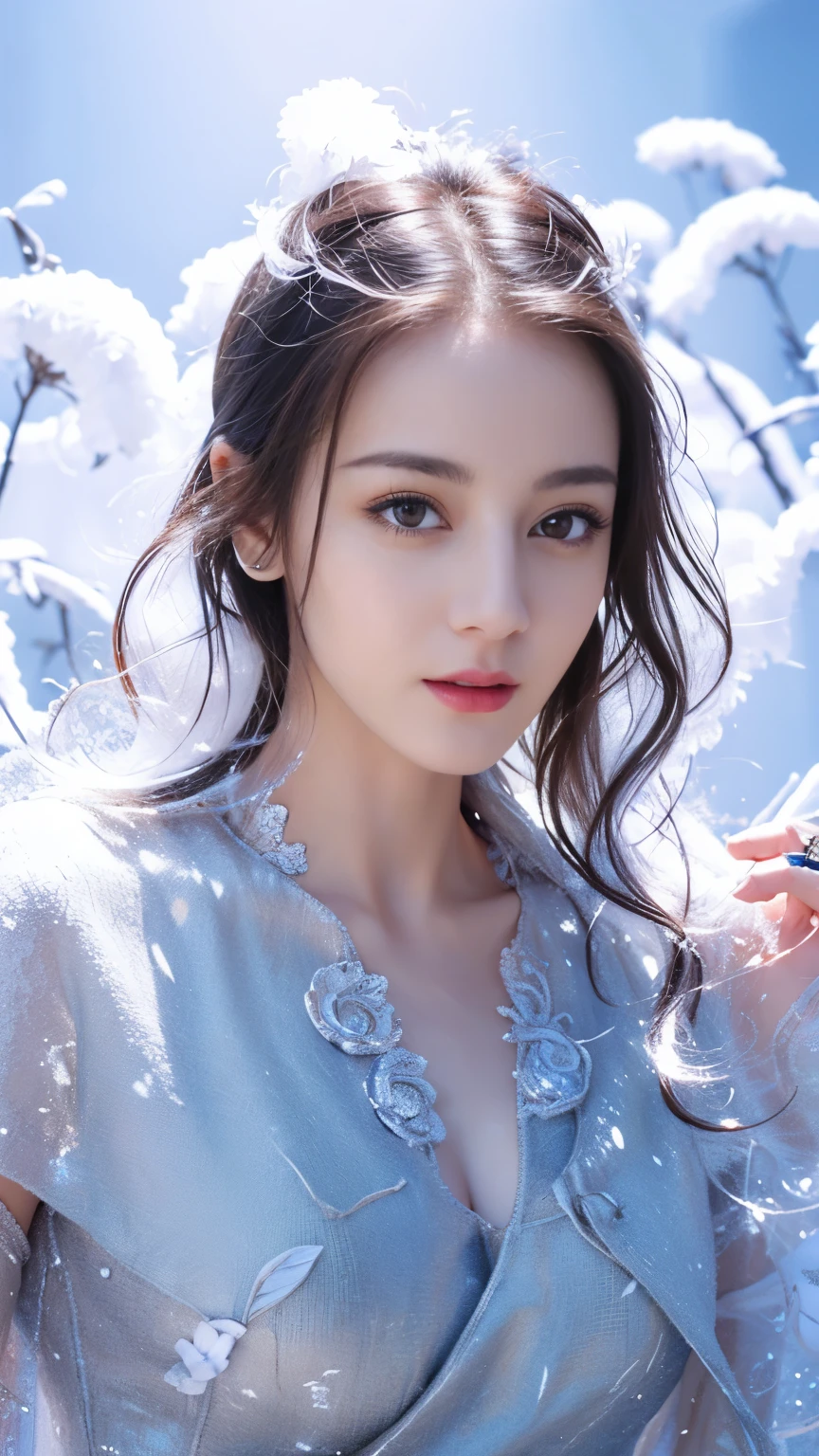 (((masterpiece))), best quality, illustration, 4k wallpaper, light, absurd, 1 girl,(snow,ice), snow花, In winter, white hair, Shiny hair, curls, Transparent clothes, Hollow clothes,decorate, Lace, Wet clothes, away_Shoulder, Headband,masterpiece, telephoto lens, absurd, Exquisite facial features,Record,Poster composition,strike an elegant pose,,Natural light,Soft Light,(Seven-part combination) ,epic,Fantastic and magical,mystery,Cleavage,exposed,Bigger breasts