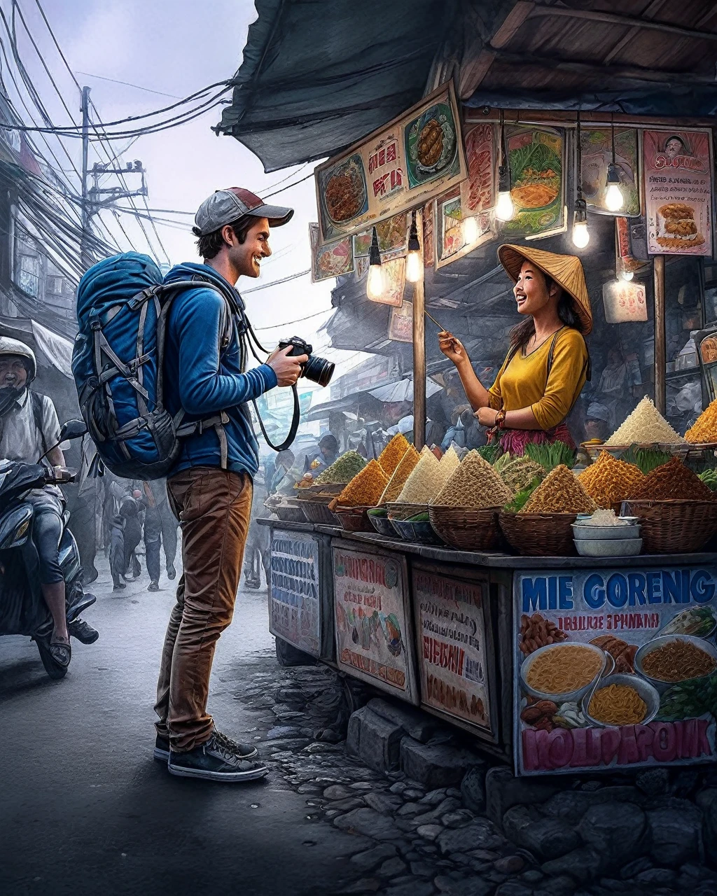 (Best quality at best,4K,8K,A high resolution,tmasterpiece:1.2),ultra - detailed,(actual,photoactual,photo-actual:1.37, A street photography picture of Peter Parker the wandering backpacker Traveller, with mirrorless camera hanging on his neck, talking with a beautiful Mie Goreng seller woman at her exotic food stall, with an intricate detail of bustling street food market background, professional photorealistic color pencil illustration, highly influenced with Don Lawrence style, octane render, sharp and crisp picture, masterpiece