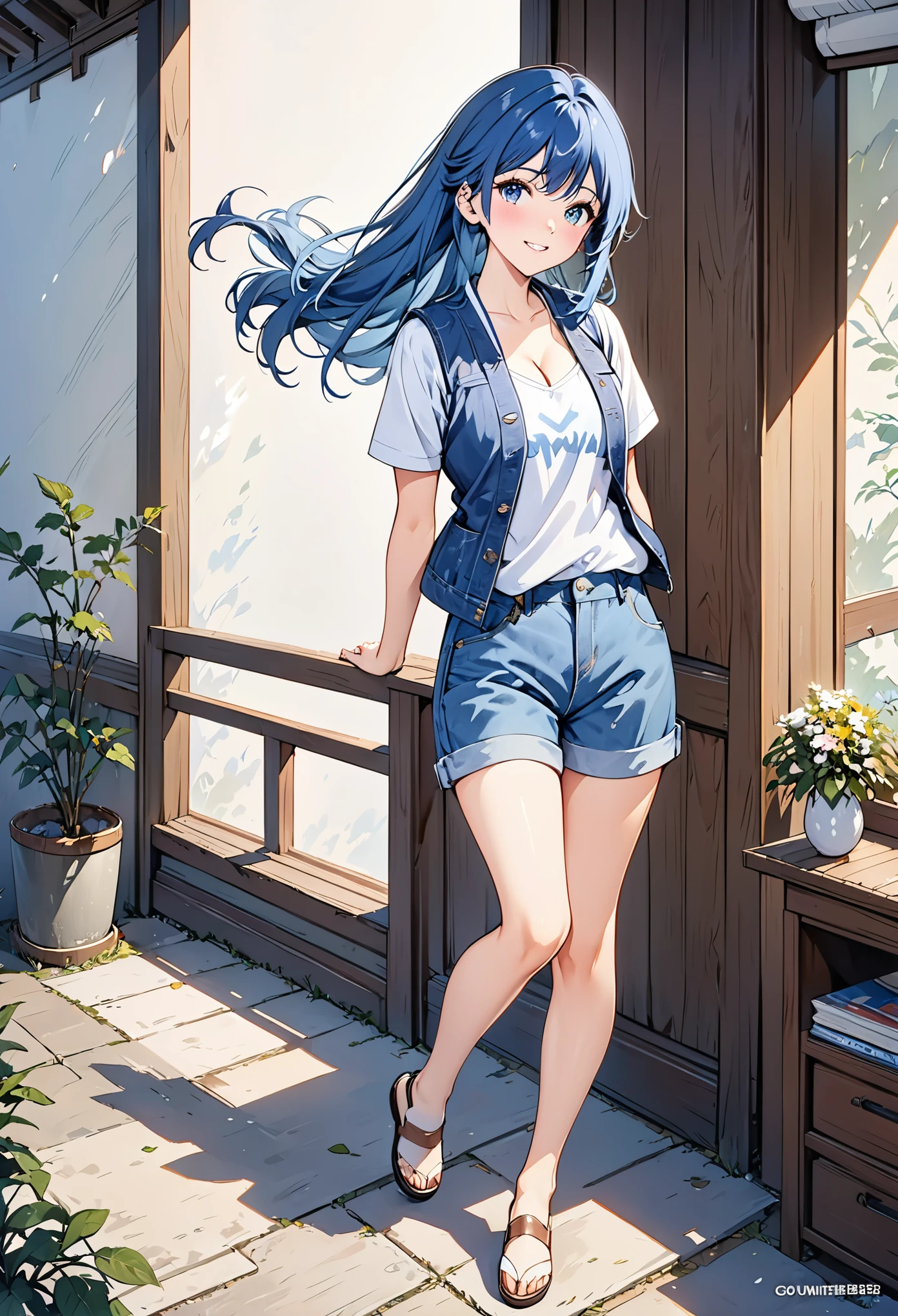 masterpiece,best quality,official art,extremely detailed CG unity 8k wallpaper,high quality,
simple background,bare legs,((full body)),happy,blush,arms behind back,,
1girl,solo,looking at viewer,cleavage,(((,))),
blue hair,long hair,denim_shorts,vest underwear,meidusha,