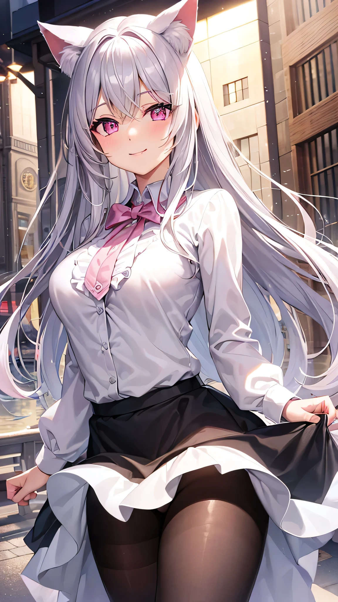 masterpiece,highest quality,Highly detailed face,fine grain,Waterfront,bubble,Sparkling eyes,Highlighted eyes,Center of chest,pretty girl,smile,Cat ear,Beautiful silver hair,Pink inside,Beautiful pink eyes,Oversized shirt、skirt、black tights