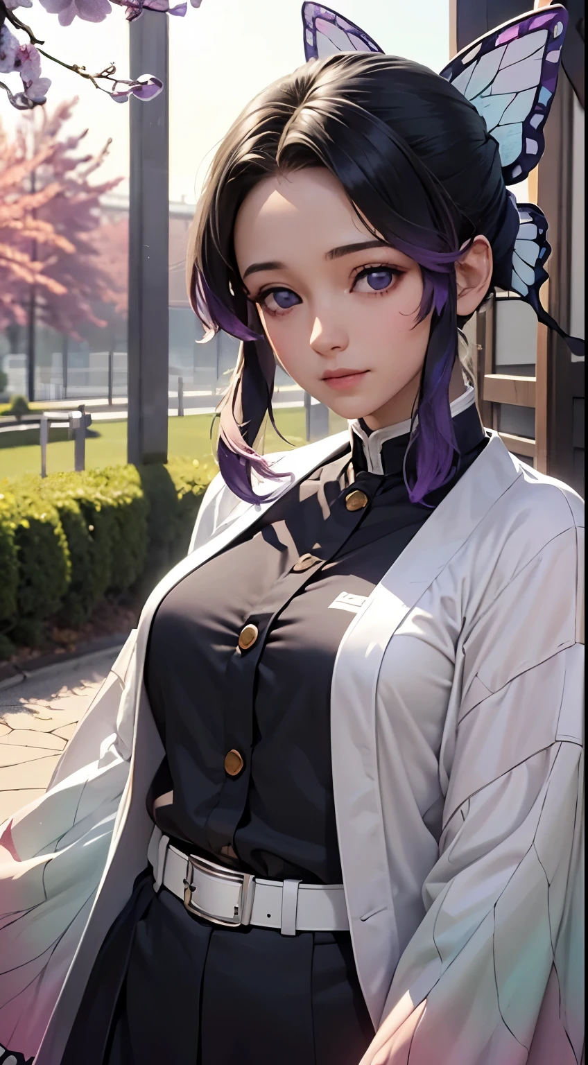 Ultra-realistic 8K CG,masterpiece,((Highly detailed background, Delicate pattern, Intricate details)),highest quality,very detailed face,Very beautiful eyes and face,Very beautiful eyes,Kocho Shinobu,Colorful Hair,No bangs,Hair intake,Purple eyes,amount,Black Shirt,Black trousers,Haori,butterfly,button,belt,(garden:1.2),Purple Flower,a bit,cloudy null,sunlight,Tyndall effect,slope_null,face,Gorgeous null,West Saber,Attractive posture,