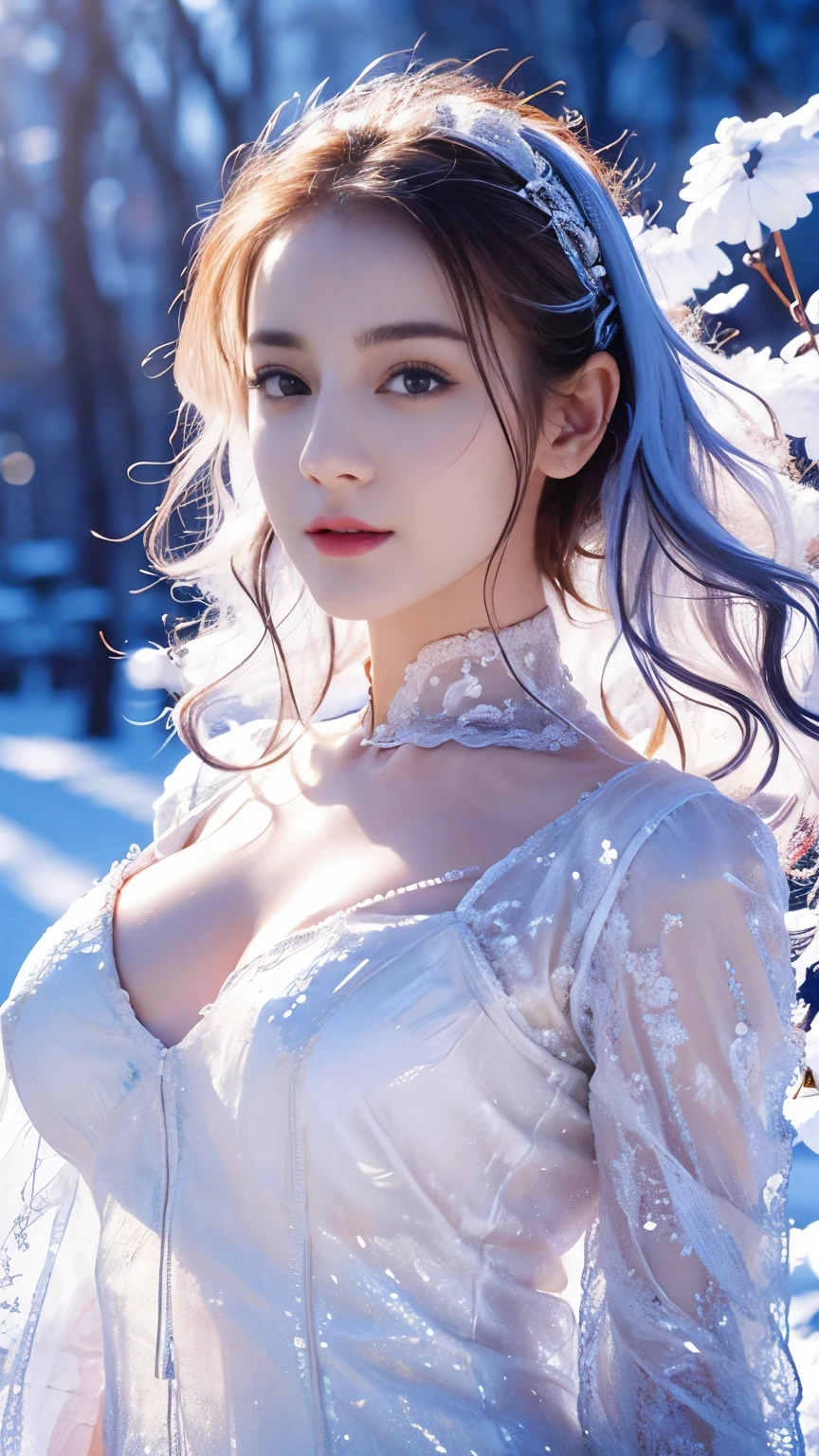 (((masterpiece))), best quality, illustration, 4k wallpaper, light, absurd, 1 girl,(snow,ice), snow花, In winter, white hair, Shiny hair, curls, Transparent clothes, Hollow clothes,decorate, Lace, Wet clothes, away_Shoulder, Headband,masterpiece, telephoto lens, absurd, Exquisite facial features,Record,Poster composition,strike an elegant pose,,Natural light,Soft Light,(Seven-part combination) ,epic,Fantastic and magical,mystery,Cleavage,exposed,Bigger breasts