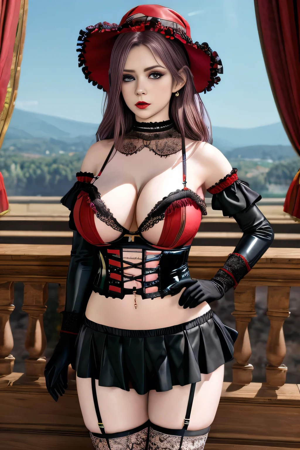 1 girl,BREAK (Royal:1.4), (red and black theme:1.5), ((red) bucket hat with rose corsage:1.4), (fusion of black high neck crop top and latex (red bustier):1.4), ((floral lace, see-through):1.3), ((sleeveless, bare shoulders):1.3), (red tiered skirt with black ruffles:1.4), ((ultra long gloves) with floral lace:1.3), (wrap a (cat garter) around thighs:1.4), outdoor,elegant,nighttime,moonlighe,shiny skin,( huge breasts), lip gloss,tattoos, masterpiece, best quality, realistic ,Surrealism,natural colors art in 8k,soft shadows,High-definition RAW color photos professional portrait photos,solo,  elise,