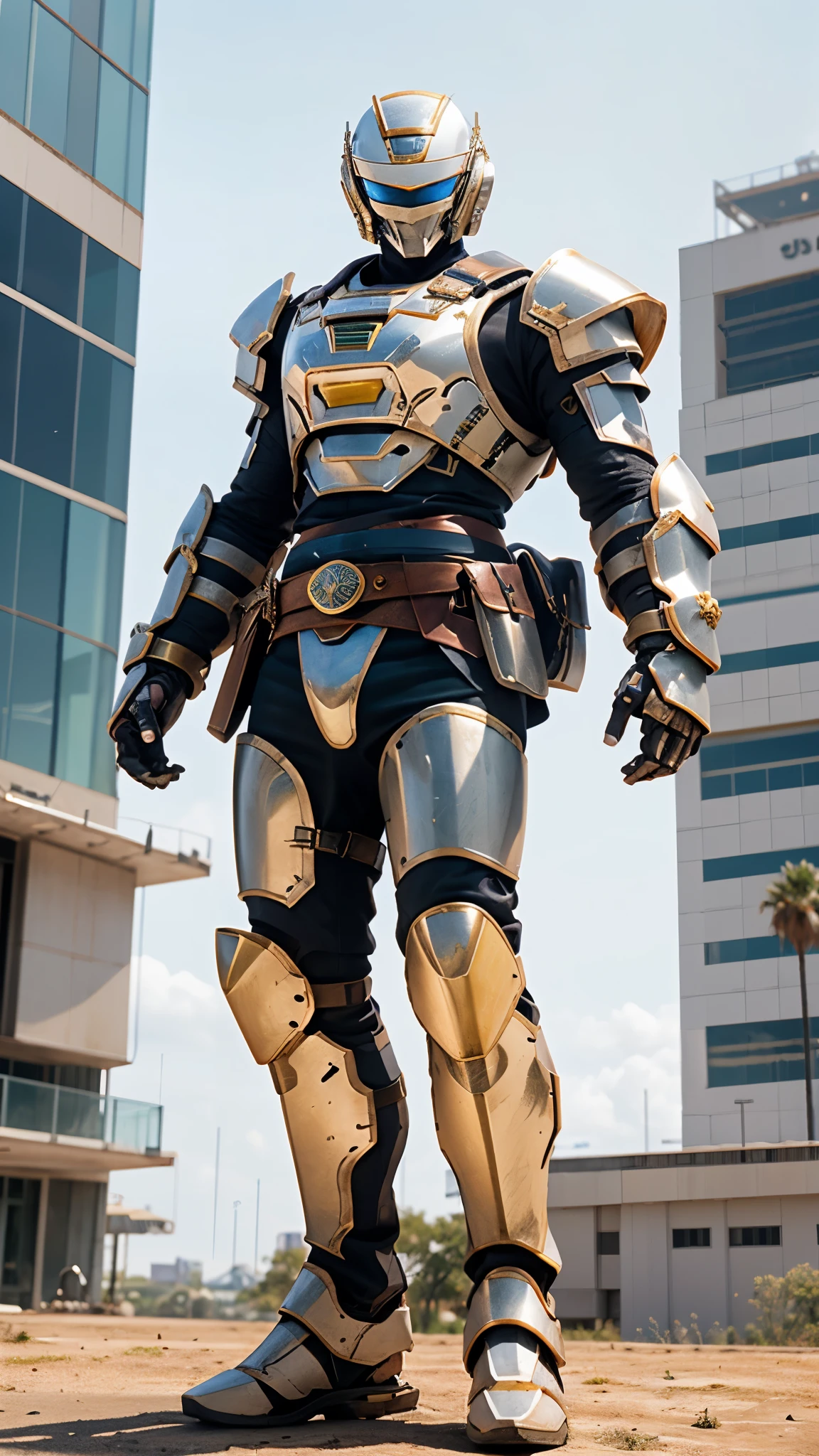 A man wearing a full-face helmet, a fantasy-style biotech armored combat suit, green eyes, (a composite layered chest armor), fully enclosed shoulder guards, matching arm and leg guards, the belt is adorned with cross, (the color scheme is primarily white with golden and blue accents), the design balances heavy with agility, a high-tech bio-mecha armor, (Armor Concept Inspired by Paladin, stand on the top of a skyscraper in a futuristic sci-fi city), this character embodies a finely crafted fantasy-surreal style armored hero in anime style, exquisite and mature manga art style, (battle damage, element, plasma, energy, the armor glows), ((male:1.5)), metallic, real texture material, dramatic, high definition, best quality, highres, ultra-detailed, ultra-fine painting, extremely delicate, professional, perfect body proportions, golden ratio, anatomically correct, symmetrical face, extremely detailed eyes and face, high quality eyes, creativity, RAW p