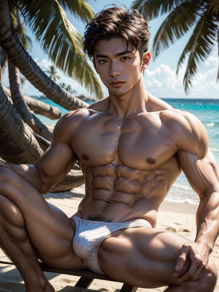 Masterpiece, Best Quality, 1 Asian Model Men, muscular, white skin, lifted arms, spread legs, sitting, sexy bikini, beach background, lying down, hard lighting on the body, Natural eyes, Short and delicate brown hair, Sexy Man, looking at the viewer, shirtless, Small plots, Muscular posture, pubes, (extremely handsome: 1.2), 8K, Ultra HD Resolution, 