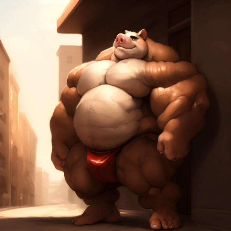 ((Masterpiece)),((Hight quality)),((Hught Detailed)),((Realistic,)) Anime Artistic masterpiece art, Concept anime art, He is a Nerd Pig, He is Obese and muscular beast, He wants to train and get bigger and stronger to become a huge sumo wrestler and walk through the streets showing off his enormous body