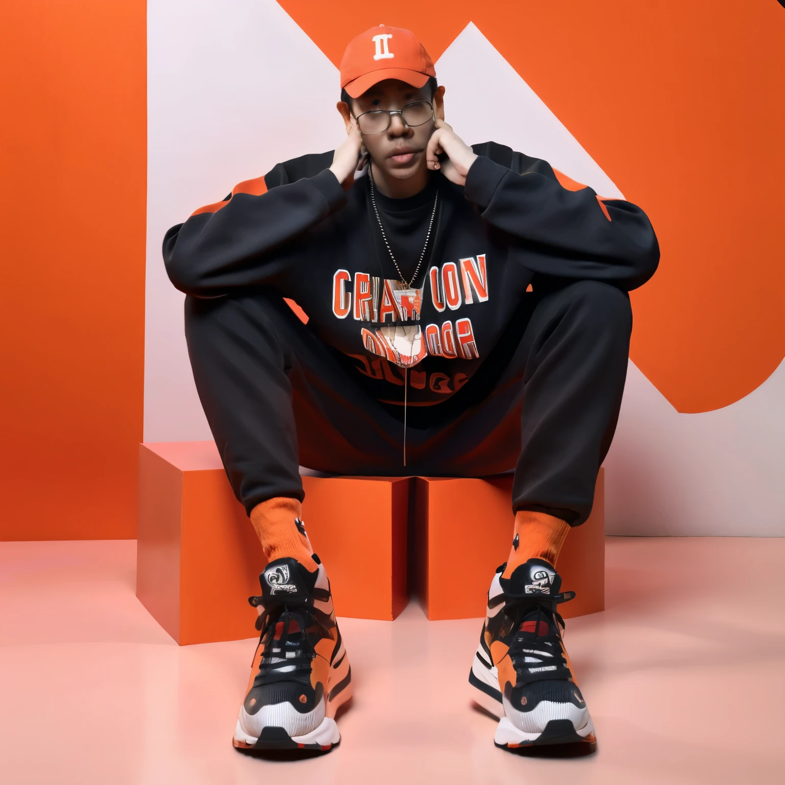 Orange backwards cap, black glasses, a red team shirt, wide black pants and sneakers with blue and red details 