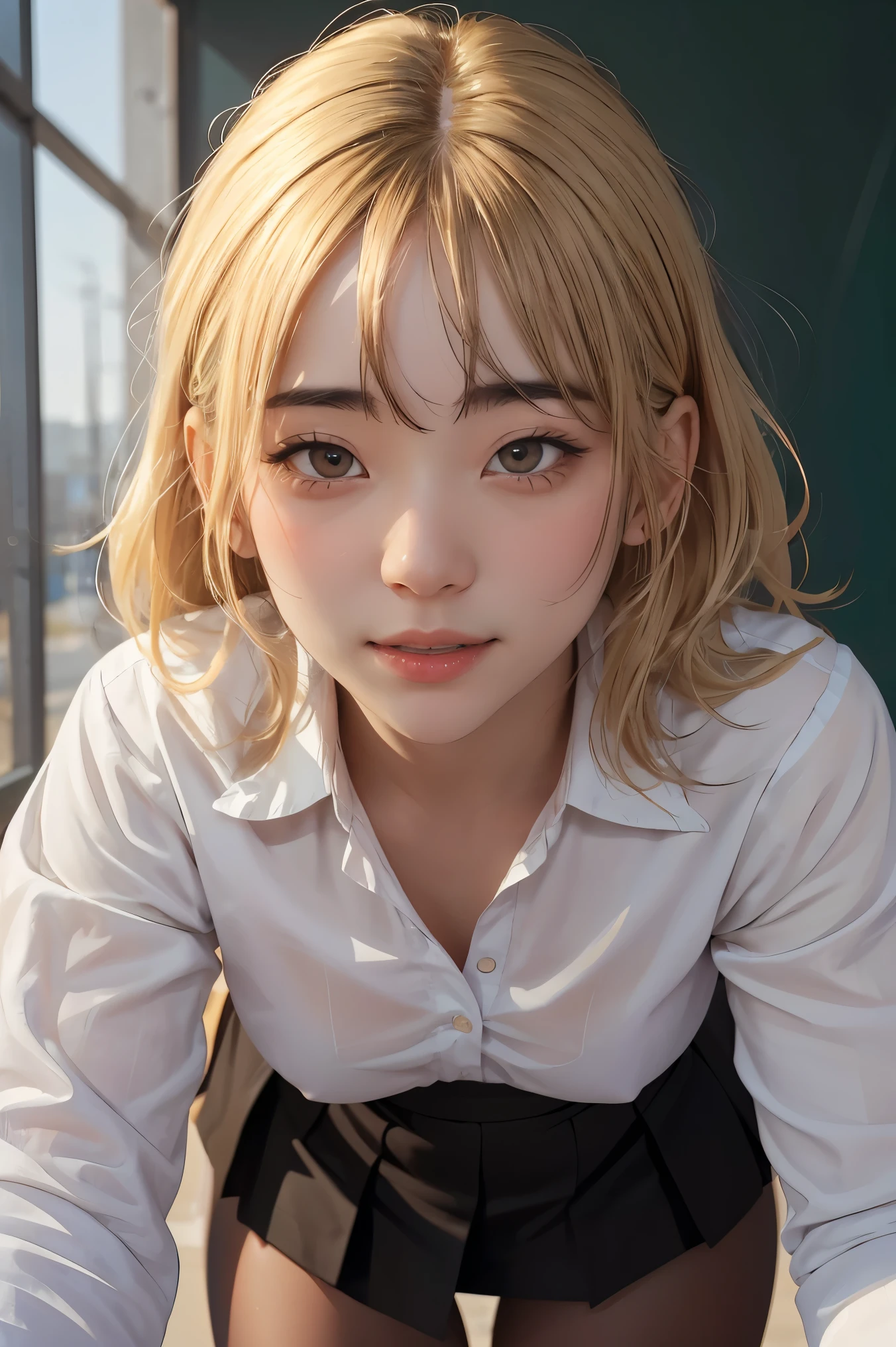 best quality, ultra high res, (photorealistic:1.4), 1girl, button shirt, black skirt, school, dark brown hair, breasts, (blonde hair:1.2), looking at viewer, (highly detailed face:1.1),,  (PureErosFace_V1:0.8),tiktok,  