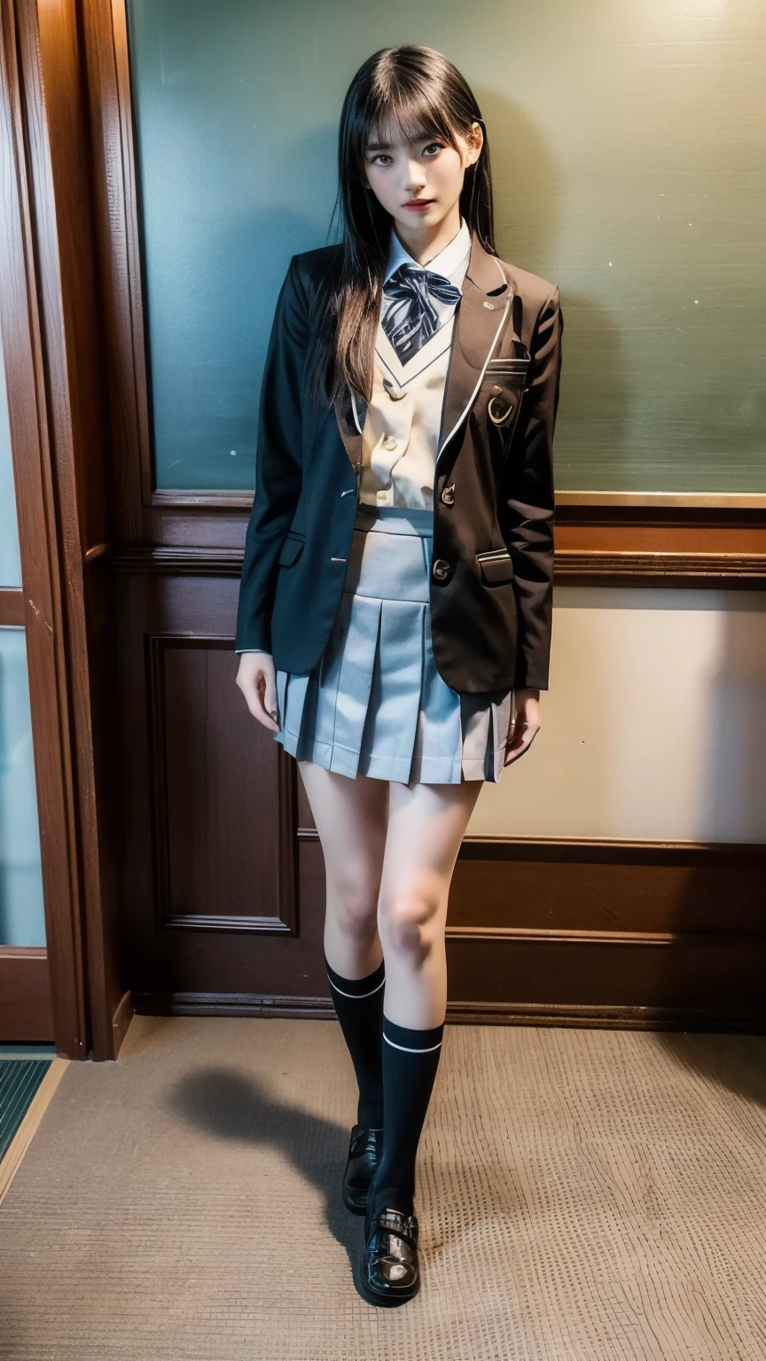 (realistic, photo-realistic:1.4),(best quality,masterpiece),RAW photo, high resolution, intricate details, finely detailed, incredibly detailed, extremely detailed, cinematic lighting, (full body, frontal photography:1.5),,  solo,1girl, an 18 years old Japanese idol standing, (very tall girl, smaller face, thin, slim, slender, thin legs), (blazer, skirt, wearing a tokiwadai school uniform:1.4), detailed face, beautiful detailed eyes, pale skin, 
photo background, indoors, hallway,