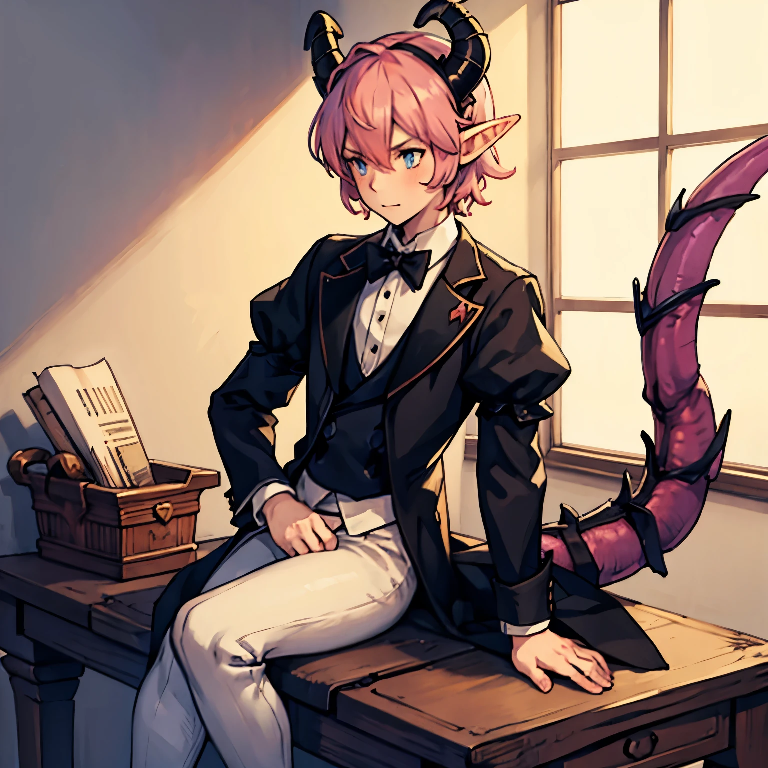 One male femboy with dragon horns and tail pink hair and elf ears dressed as a butler