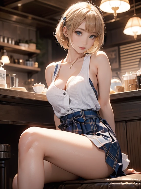 A perfect depiction of beautiful hands and fingers(Increase contrast)、(Increase saturation)、(25 year old super beautiful girl)、(Fair skin)Beautiful woman with perfect figure、Cute Face、、(Lifelike face)、Short Bob、Blonde、Hair over the ears、Realな目、Natural Makeup、Beautiful details、(Realistic Skin)、Beautiful Skin、Charm、Ultra-high definition、超Real、Real、Very detailed、、bangs)、(White lightweight tank top、Knee-high boots、Cute Japanese Idols、Tartan、I can see the cleavage)((Very short mini skirt)) (((An urban and sophisticated cafe、)))sexy、sitting backwards、Stick your butt out、Beautiful valley、Super big 、Narrow waist、Long legs、Spread your legs(((Medium full shot from below and behind)))Shooting from below